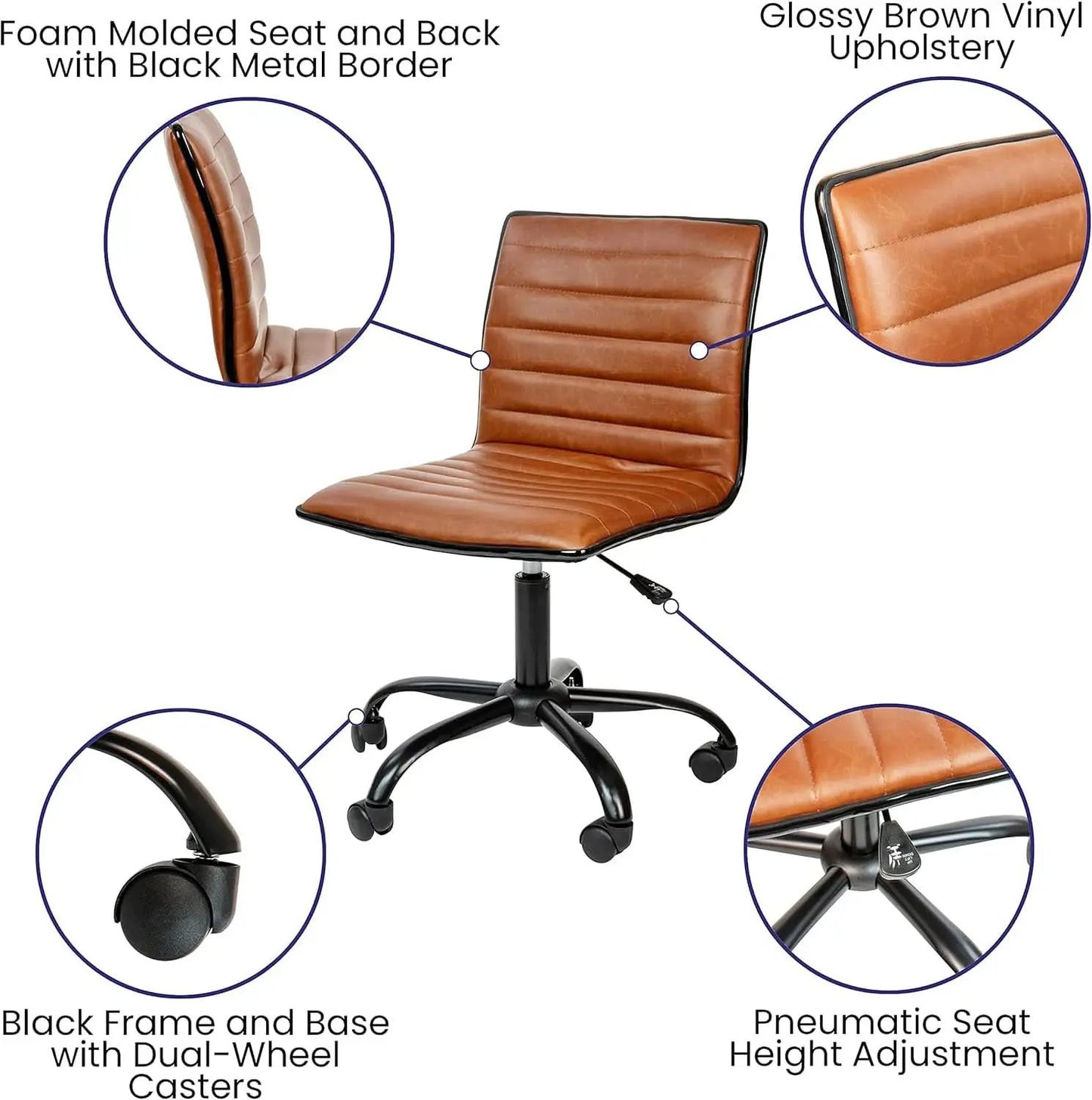Low-Back Ribbed Upholstered Vinyl Swivel Desk Chair, Brown, Adjustable Height from PriceLows™