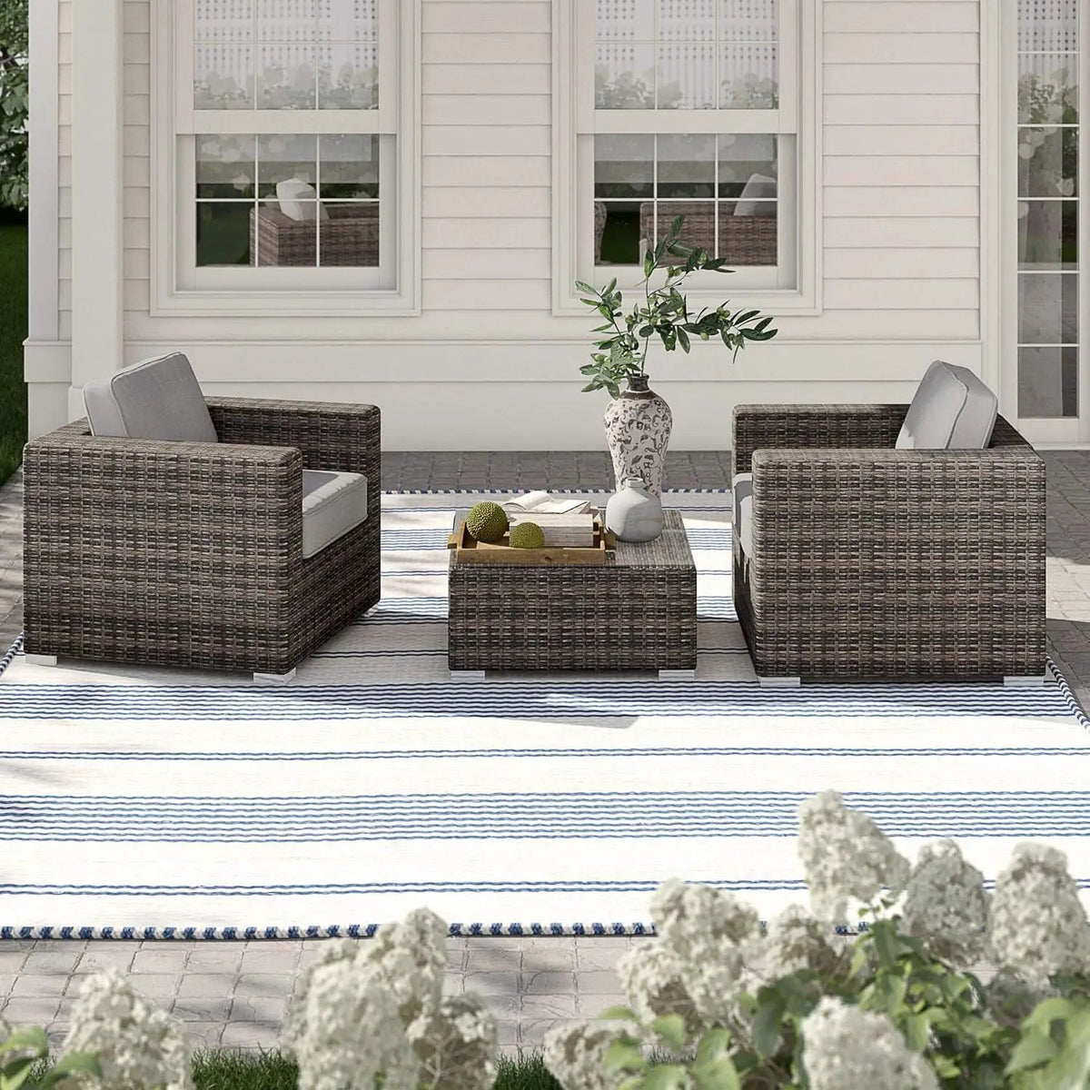 Wicker Seating Group Set | Table And Cushions Included | Aluminum Frames | Hand-Woven Wicker