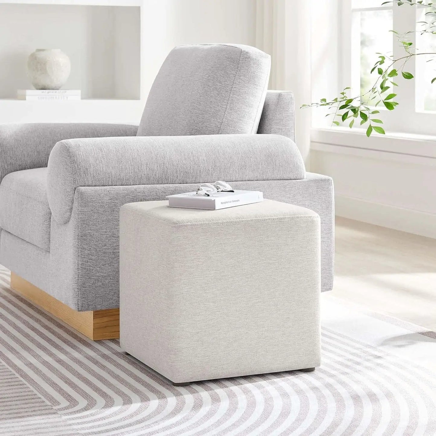 Callum 17 Inch Ivory Square Hand crafted Textured Woven Ottoman from PriceLows™
