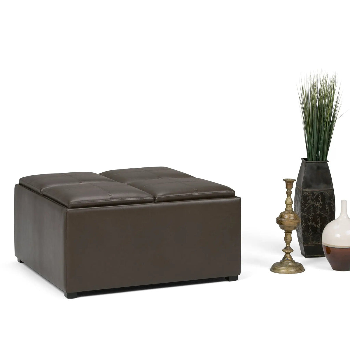 Avalon Square Storage Ottoman | Coffee Table Design | Four Flip Over Serving Trays | 35 Inch Width