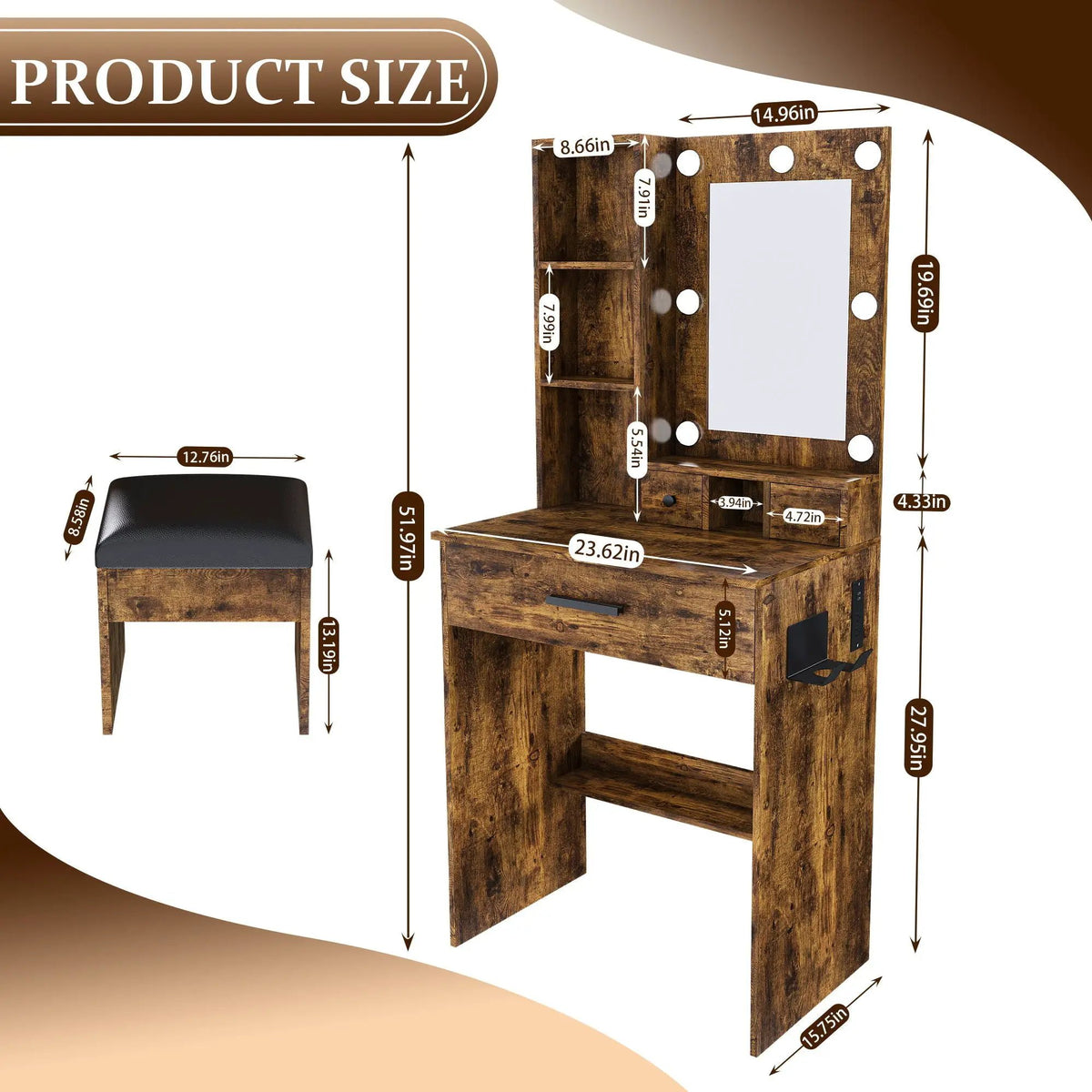 Vanity Table | LED Mirror | Power Outlet | Includes Stool