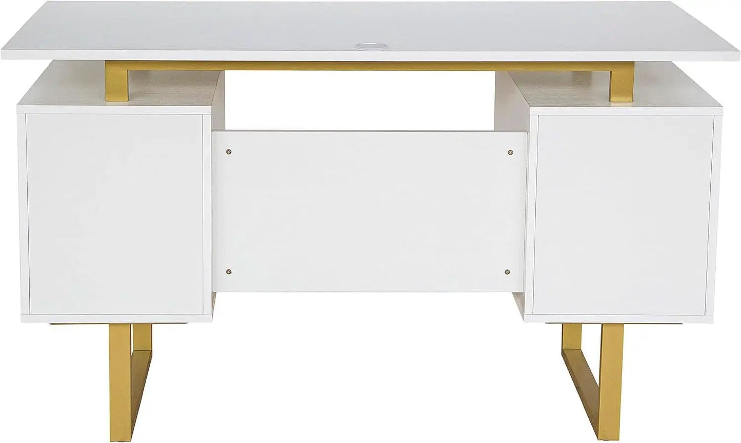 51 Inch White And Gold Desk With Storage Cabinet Drawers from PriceLows™