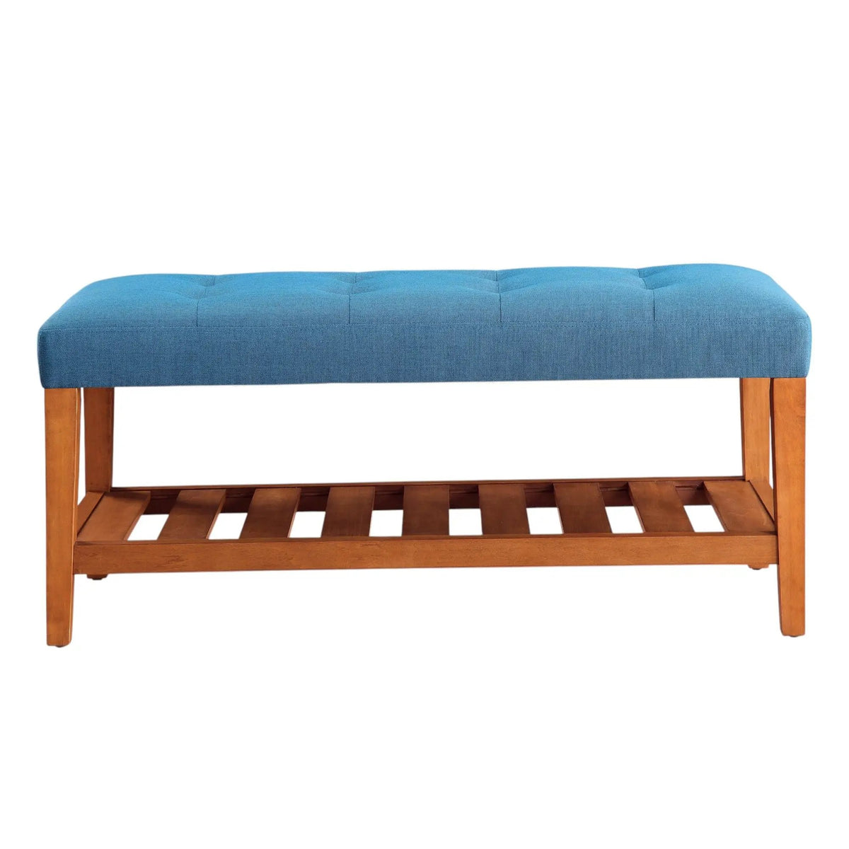 Charla Upholstered Bench | Tufted Fabric Seat | Oak Color Scheme | Armless Rectangular Design