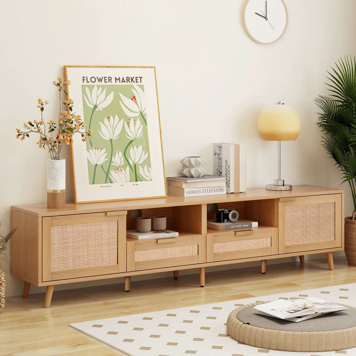 Rattan TV Stand | Media Console | Two Cabinets And Two Open Shelves | Cable Management
