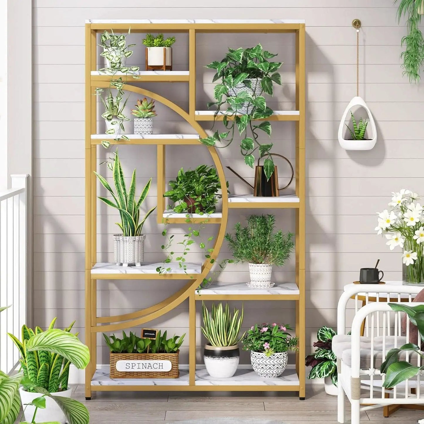 Industrial 5 Tier Etagere Bookcase Gold Frame Shelves from PriceLows™