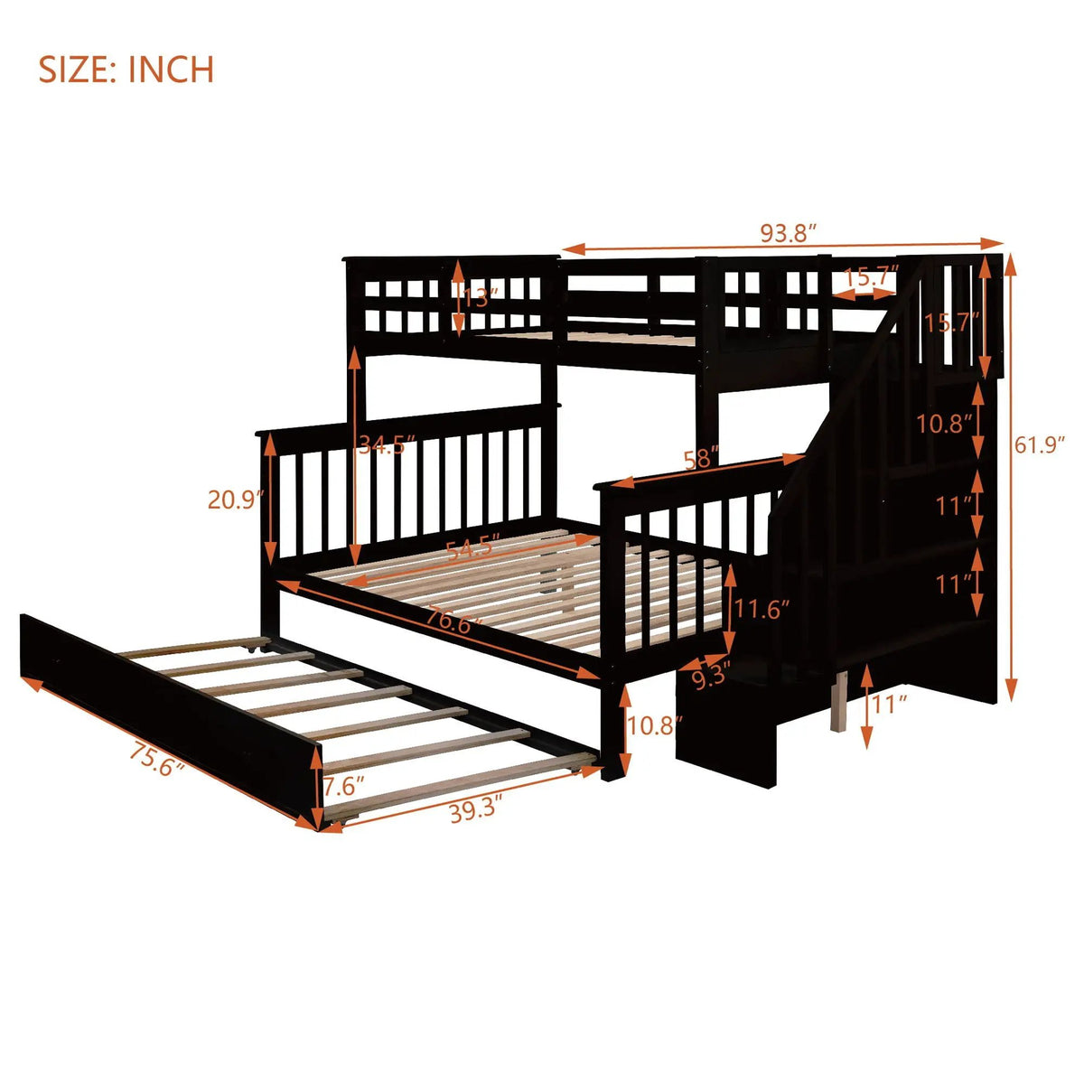 Twin Bunk Bed With Trundle | Hidden Stair Storage | Guard Rail | Bedroom Furniture