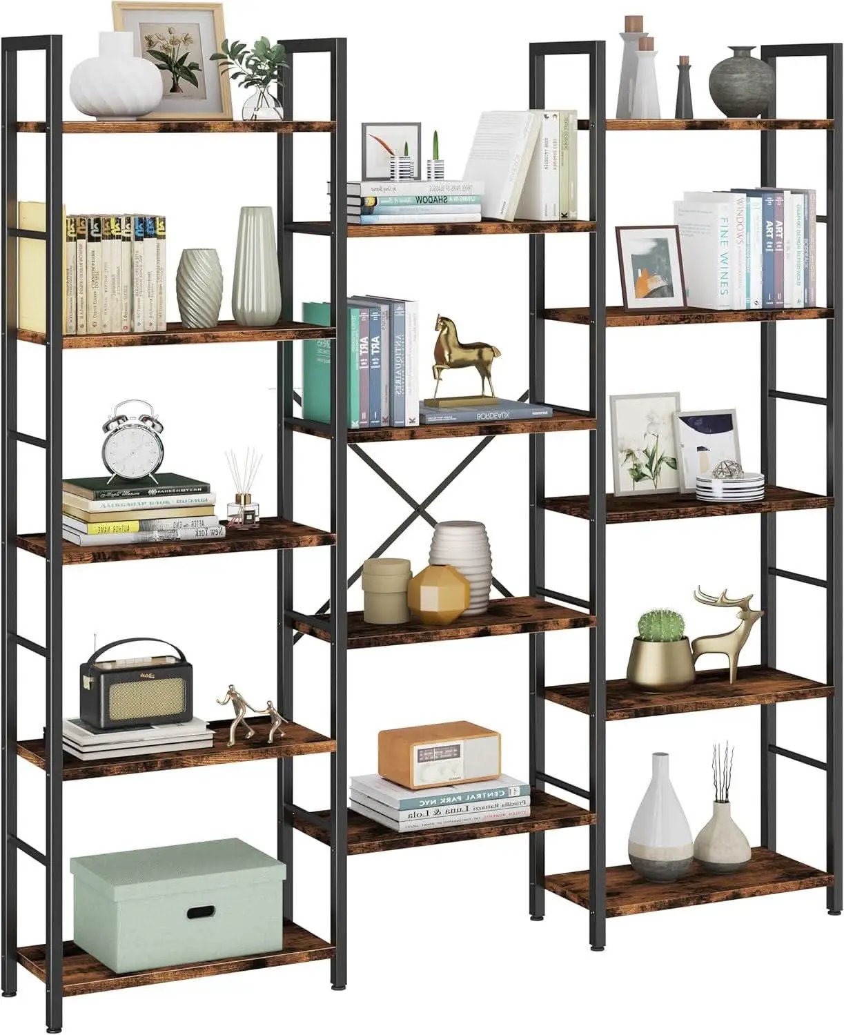 Rustic Brown Large Five Tier Bookshelf With Steel Frame from PriceLows™