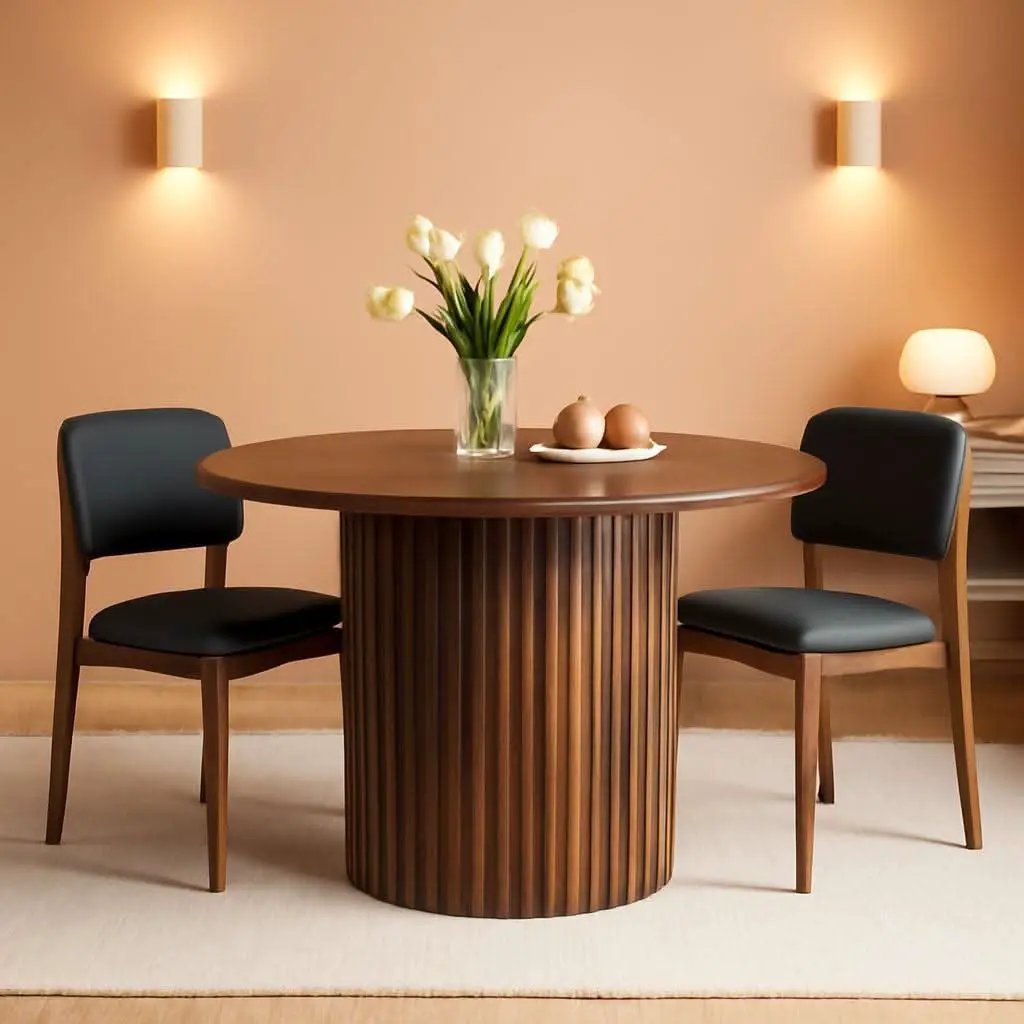 Round Walnut Dining Table 47 Inch With Wood Strip Base from PriceLows™