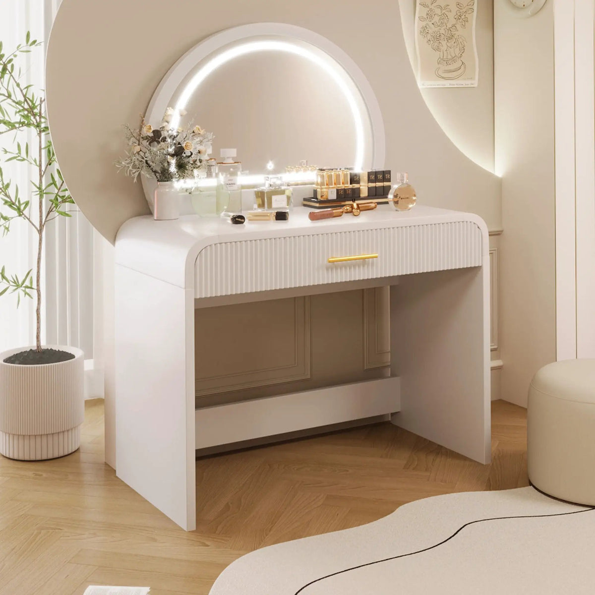 Makeup Vanity Table | Touch Screen Lighted Mirror | Storage Drawer | Curved Edges