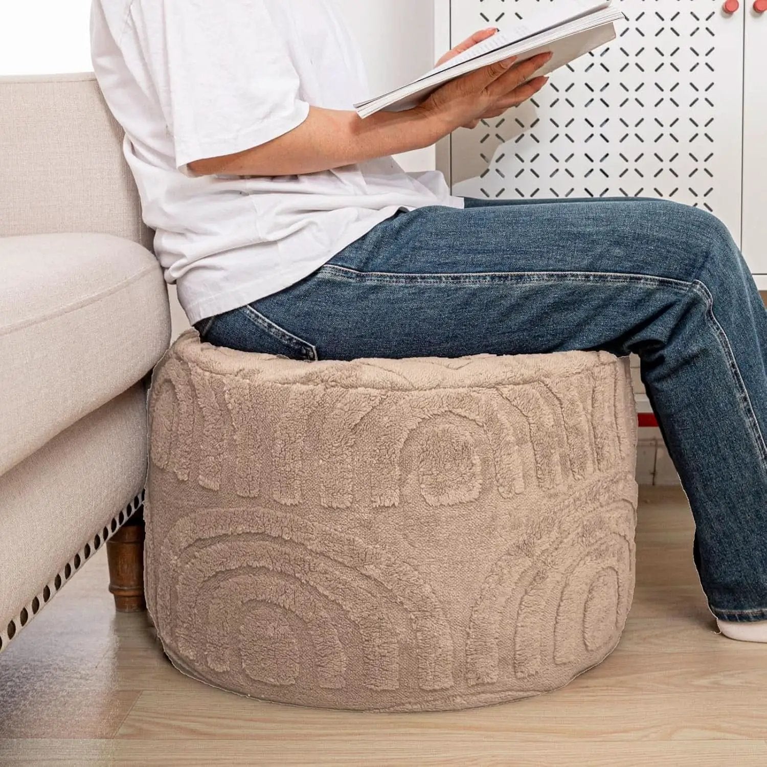 Khaki Round Ottoman Pouf 20x20x14 Inches Luxurious from PriceLows™