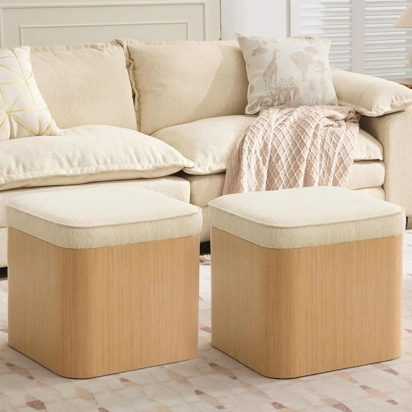 Beige Linen Upholstered Storage Ottoman With Footrest from PriceLows™