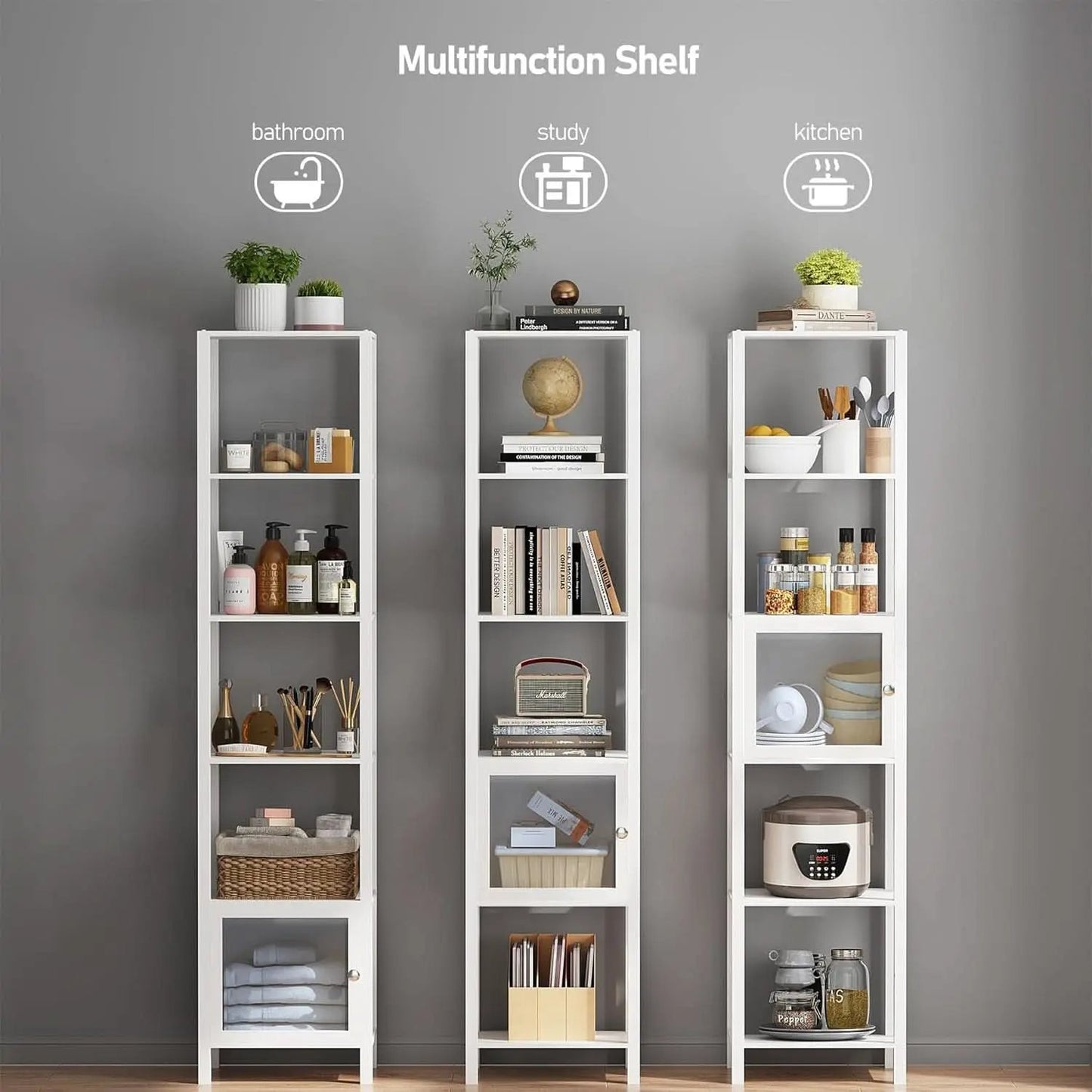 White 6-Tier Narrow Bookshelf With Door For Small Space from PriceLows™