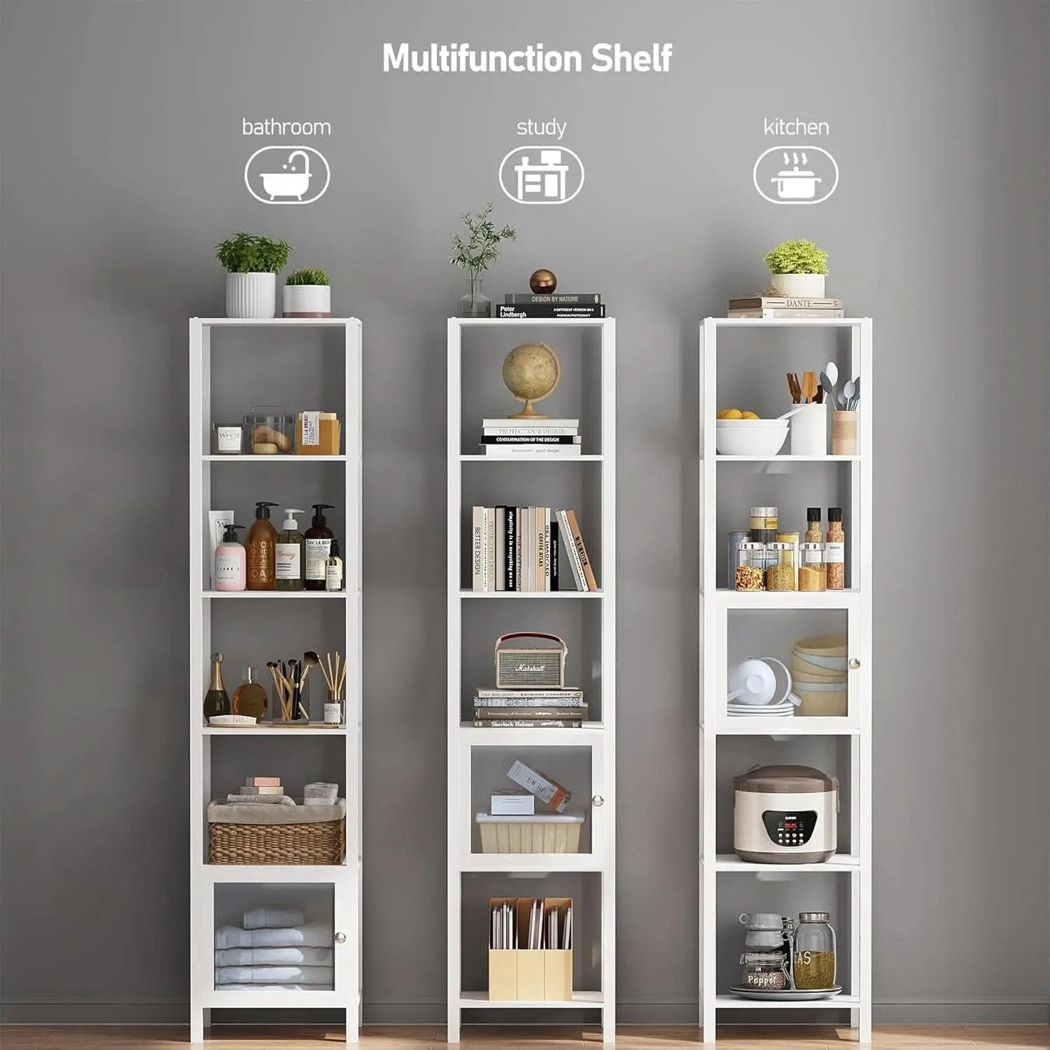White 6-Tier Narrow Bookshelf With Door For Small Space from PriceLows™