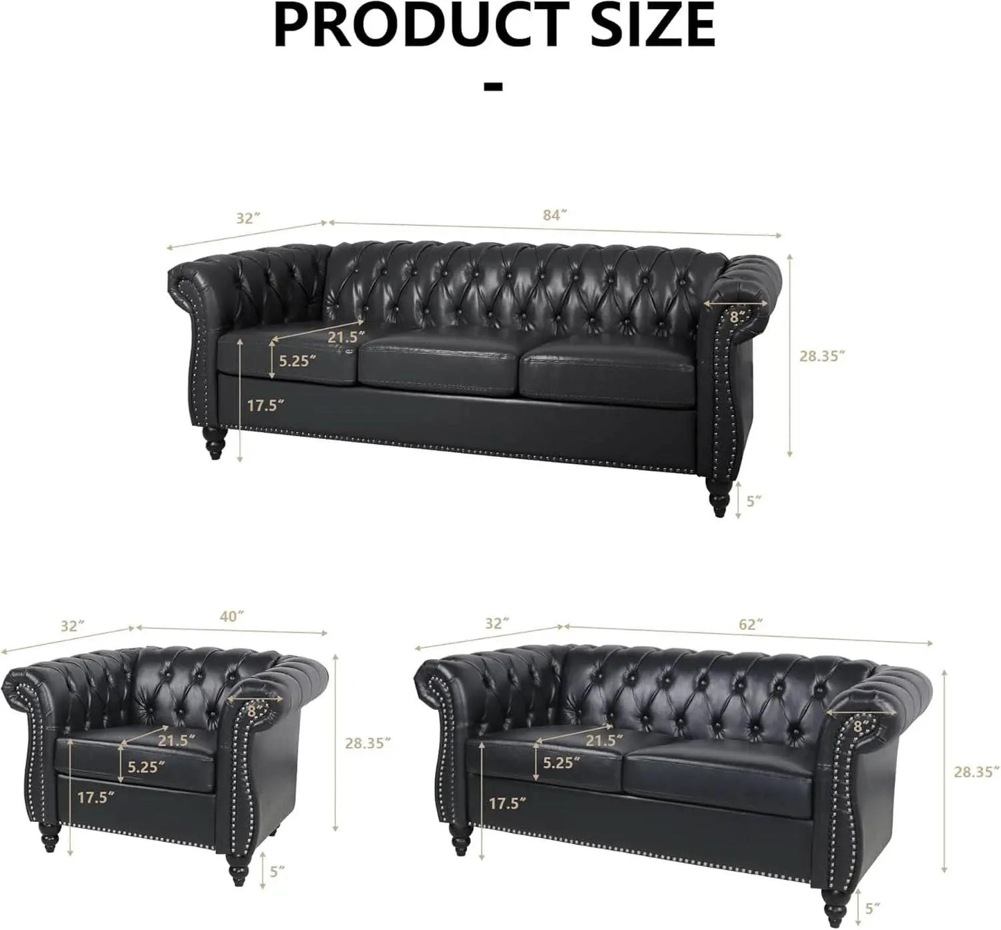 Three Piece Living Room Furniture Set With Faux Leather Chesterfield Sofa Club Chair And Loveseat In Black from PriceLows™