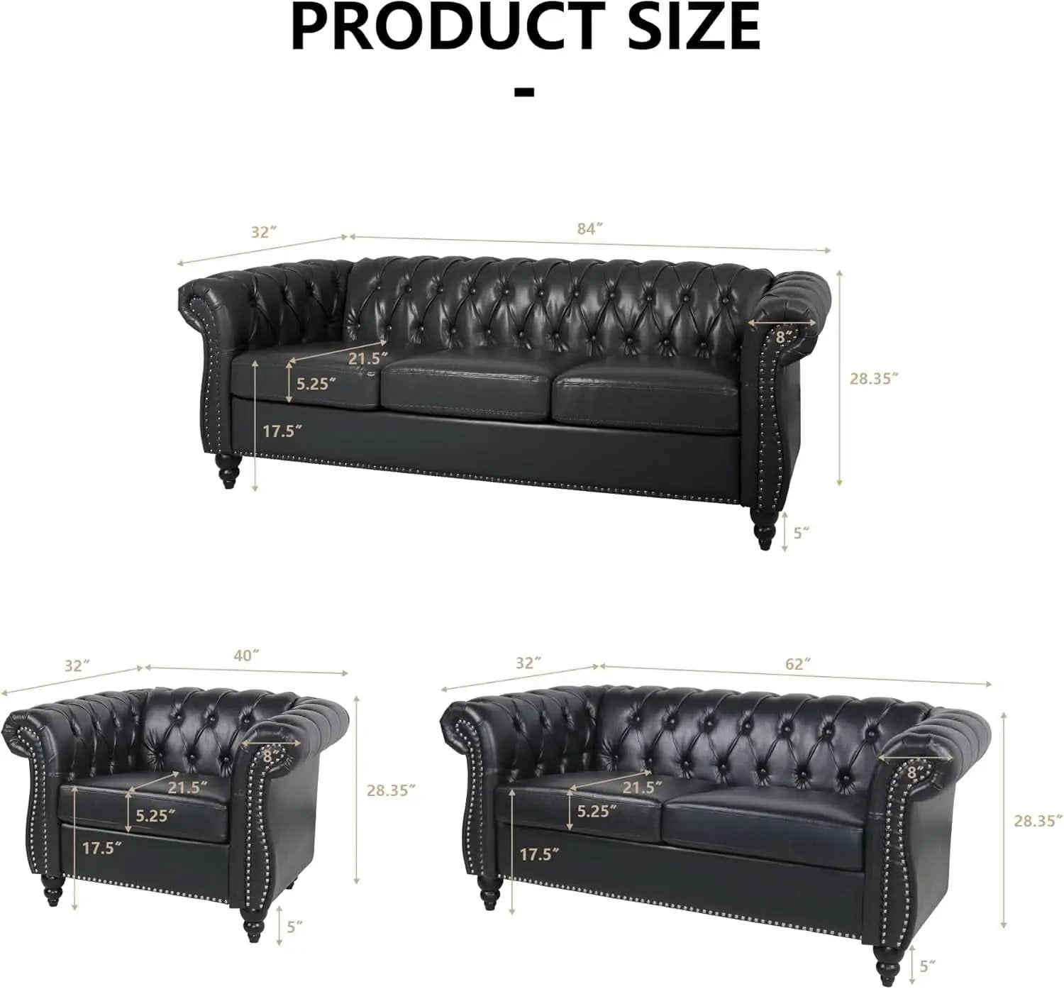 Three Piece Living Room Furniture Set With Faux Leather Chesterfield Sofa Club Chair And Loveseat In Black from PriceLows™