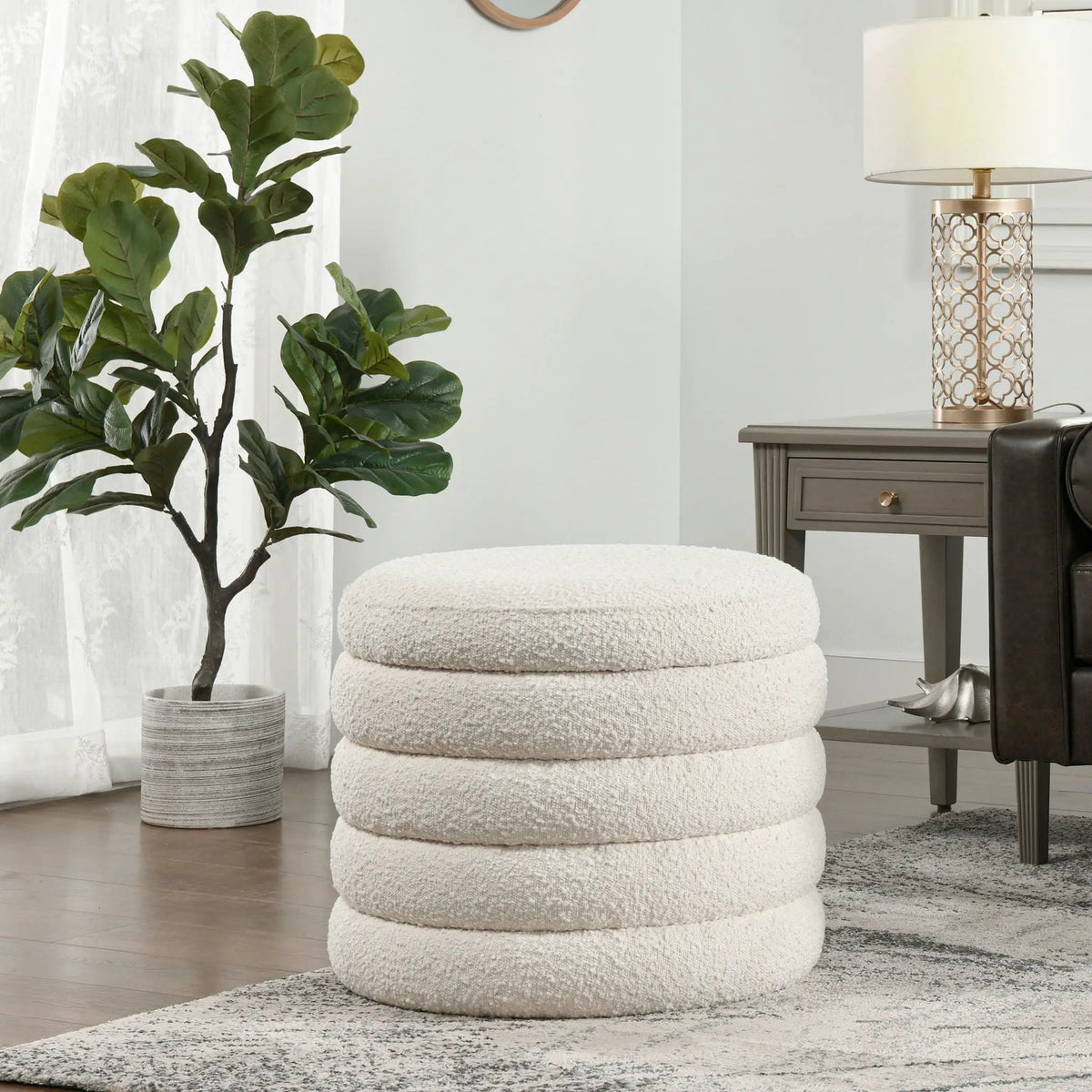 Fuji Oversized Round Storage Ottoman | Kiln-Dried Birchwood | Handmade Craftsmanship | 19 Inch Height