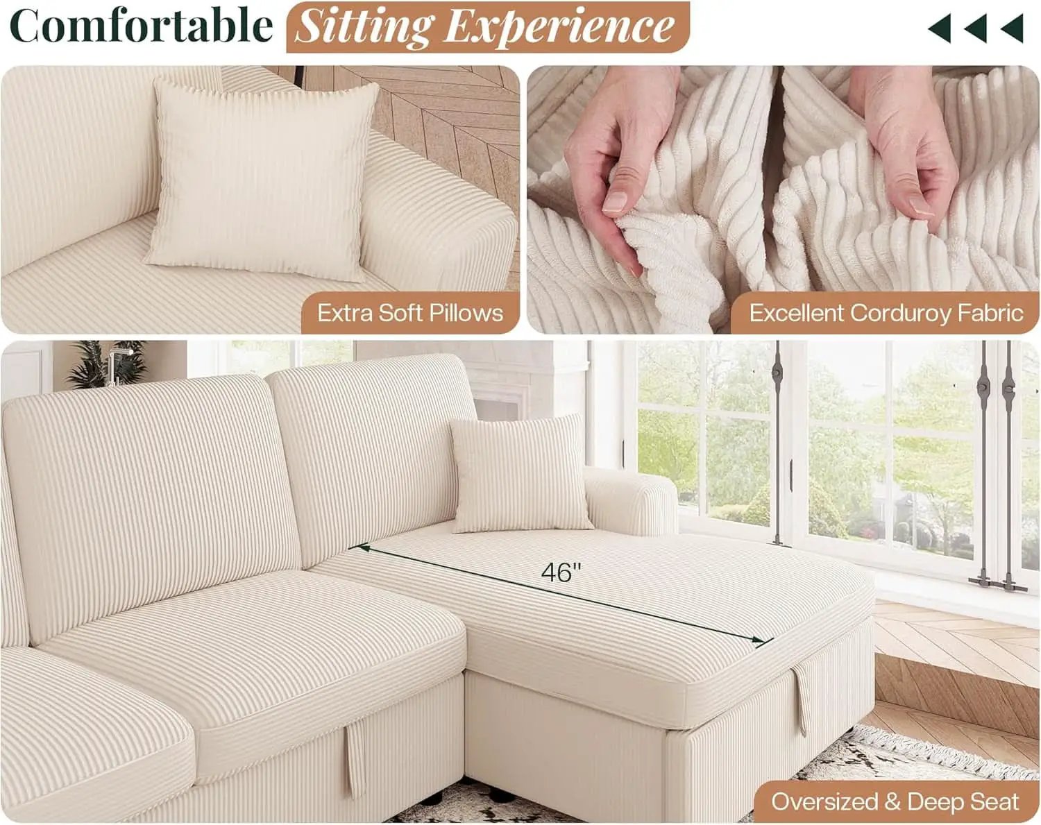 130Inch Beige Upholstered Sleeper Sofa With Storage from PriceLows™
