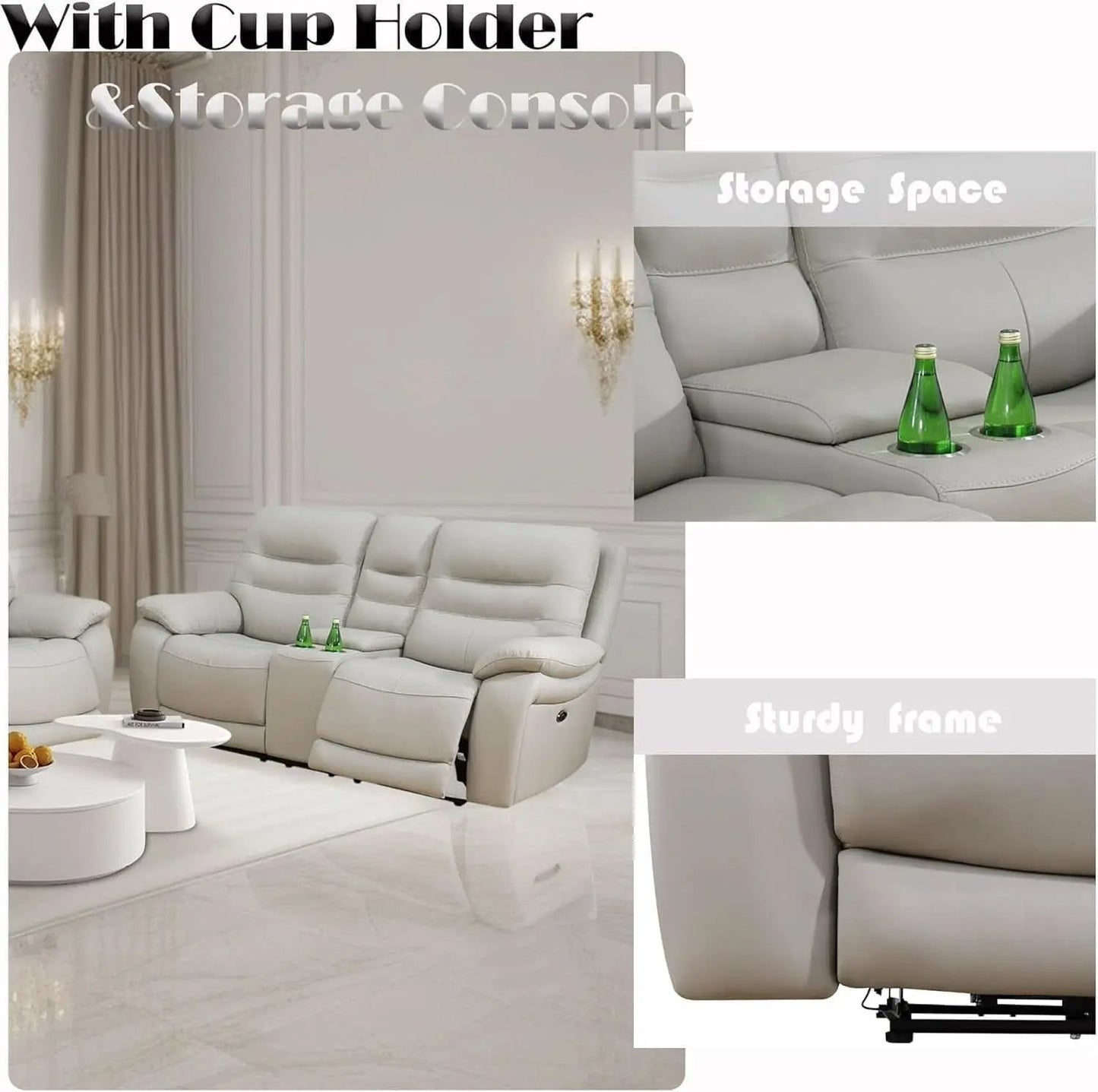 Genuine Leather Power Recliner Sofa Set 3 Piece Light Grey from PriceLows™
