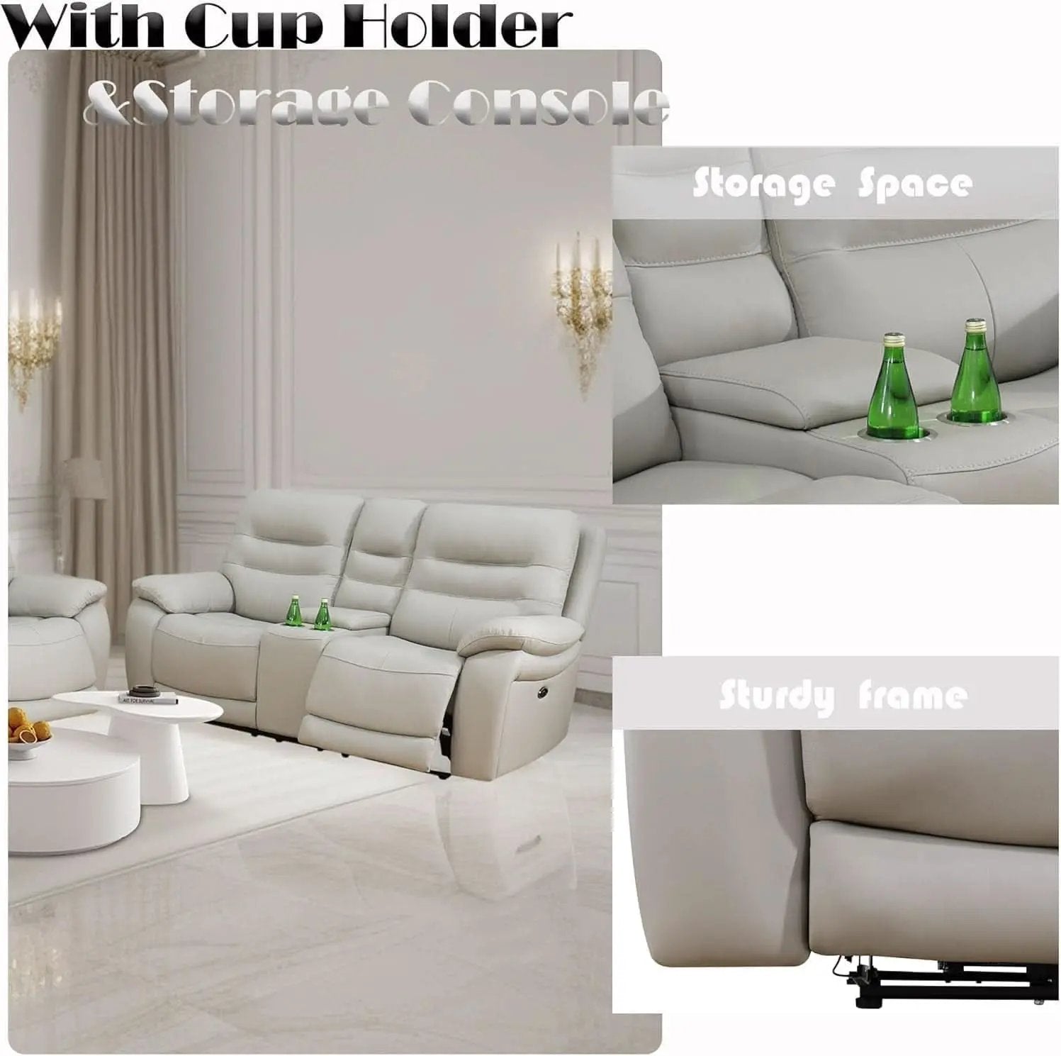 Genuine Leather Power Recliner Sofa Set 3 Piece Light Grey from PriceLows™
