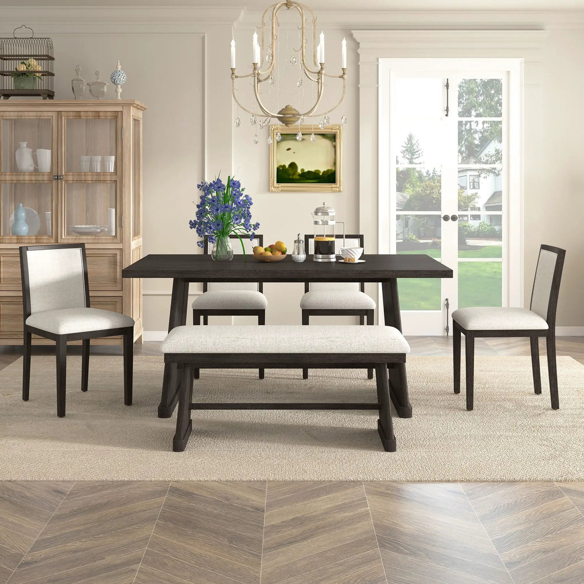 Dining Set | Rectangular Table | 4 Chairs 1 Bench | Seats 6