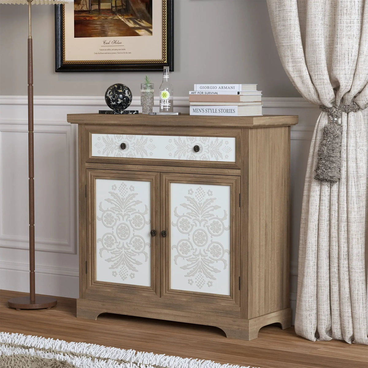 Accent Cabinet | Carved Floral Panels | Distressed Finish | Antique Brown