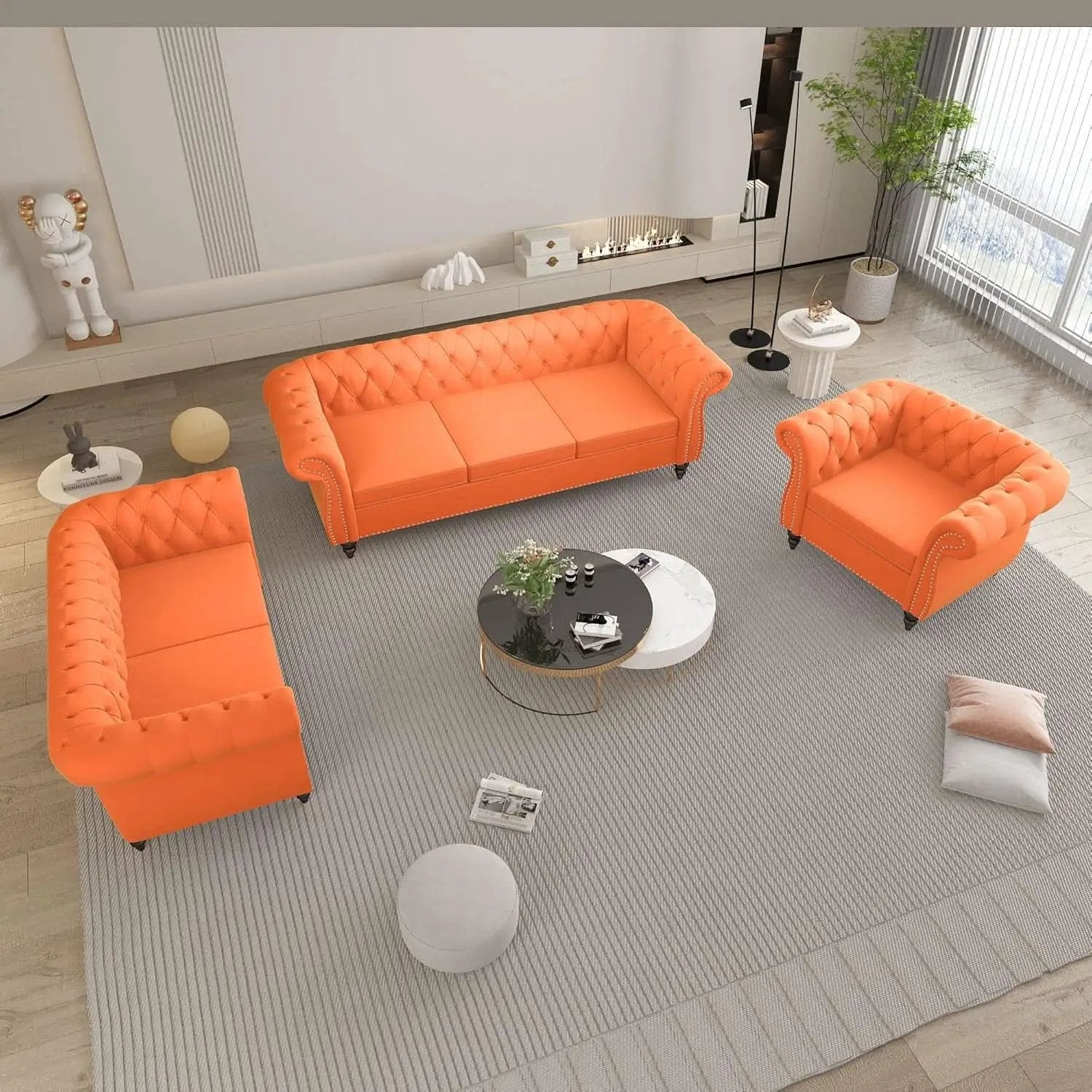 Three Piece Orange Sectional Sofa Set Tufted Living Room from PriceLows™