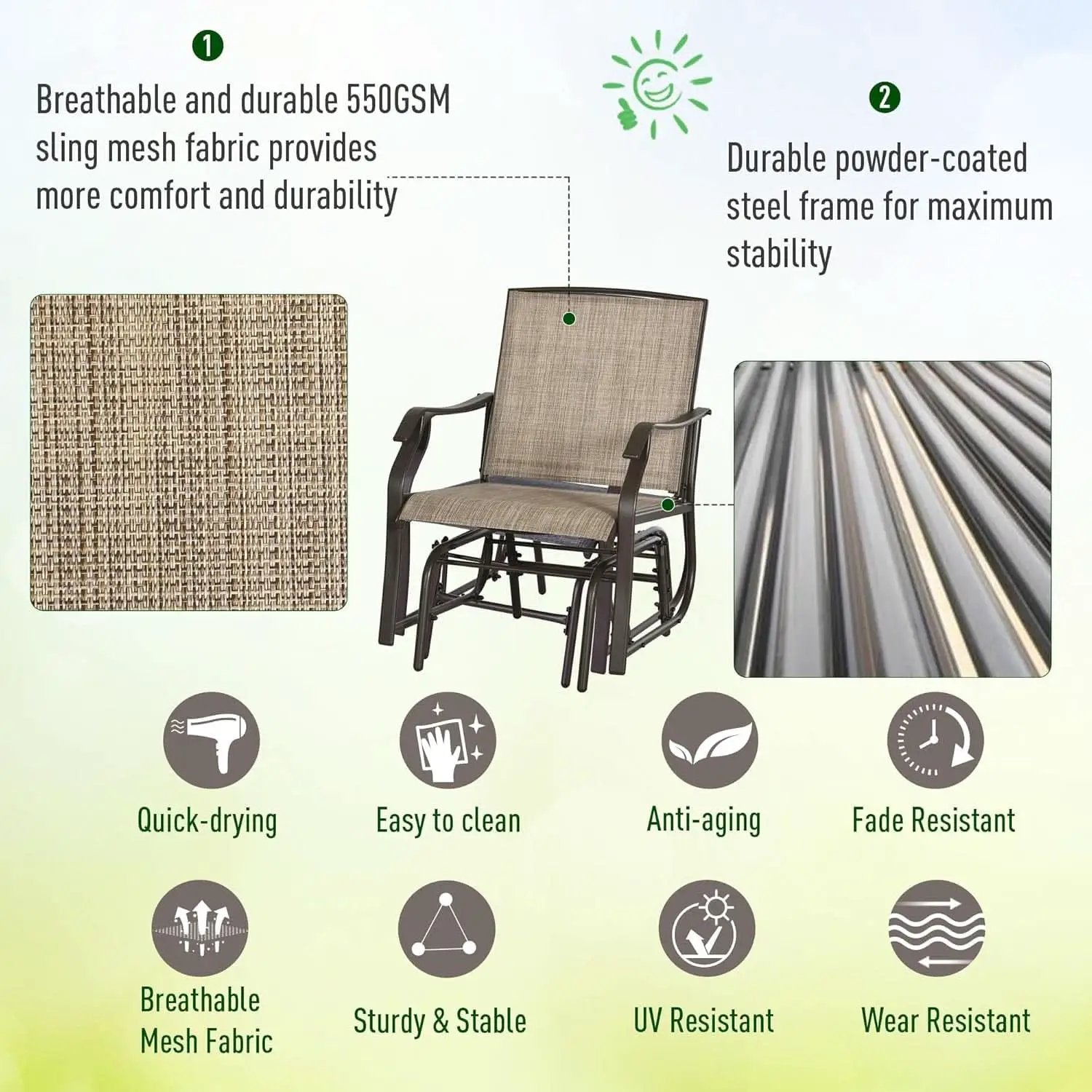 3 Piece Outdoor Glider Chair Bistro Set With Two Sling Chairs And Glass Tabletop Mixed Brown from PriceLows™