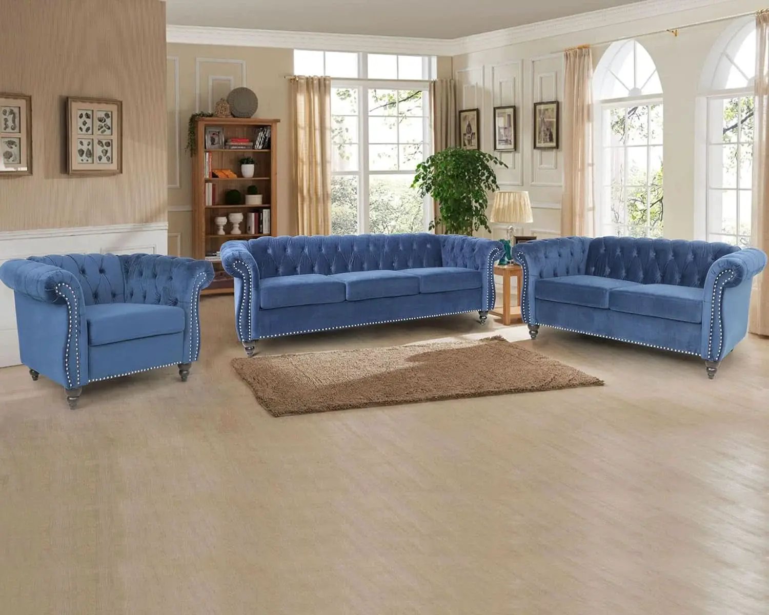 Three Piece Blue Velvet Chesterfield Sofa Set With Club Chair And Loveseat For Living Room from PriceLows™