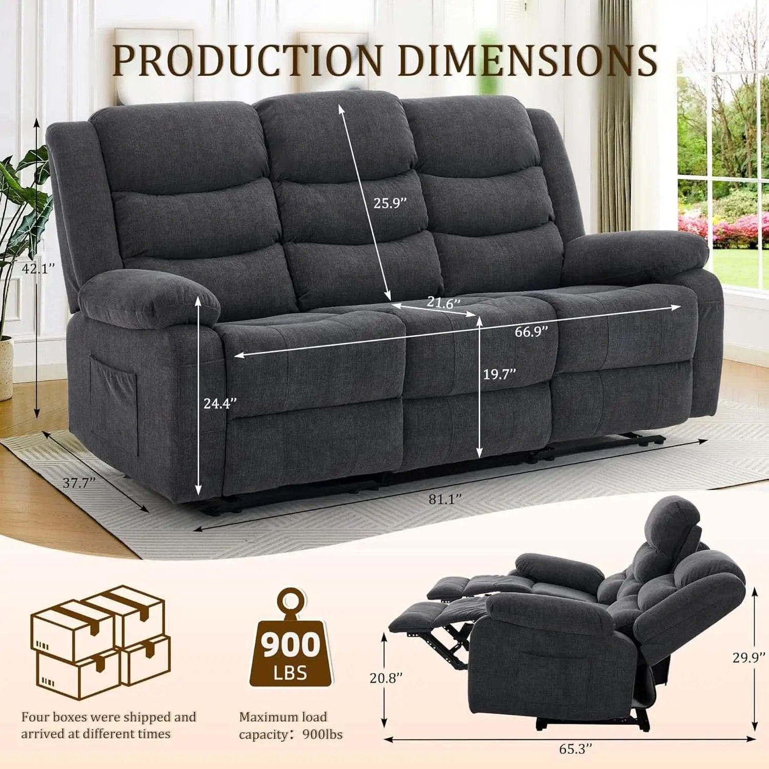 Grey Oversized 3 Seater Reclining Sofa With Console from PriceLows™