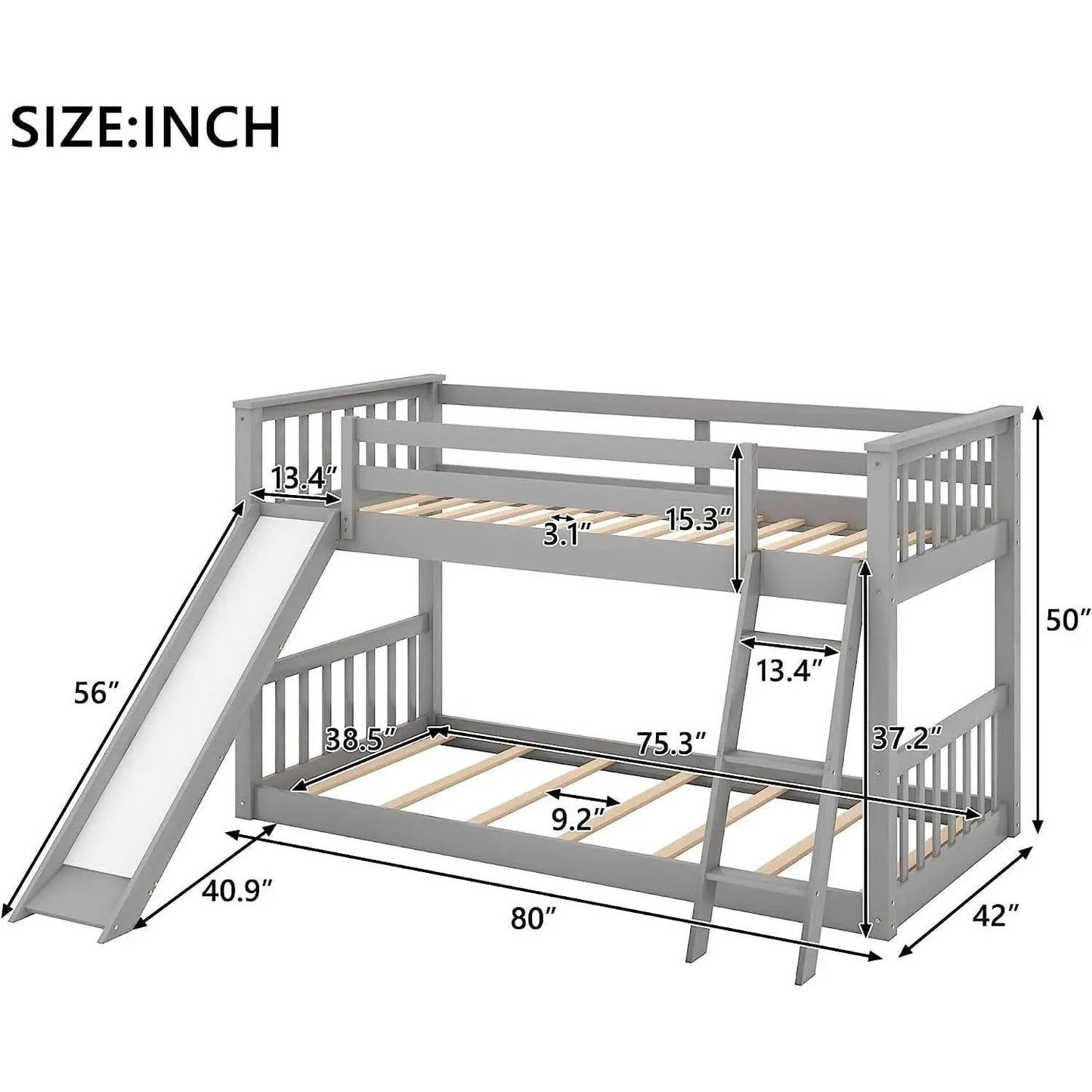 Grey Twin Bunk Bed With Slide Solid Pine Construction from PriceLows™