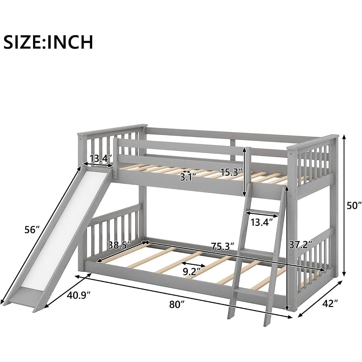 Grey Twin Bunk Bed With Slide Solid Pine Construction from PriceLows™
