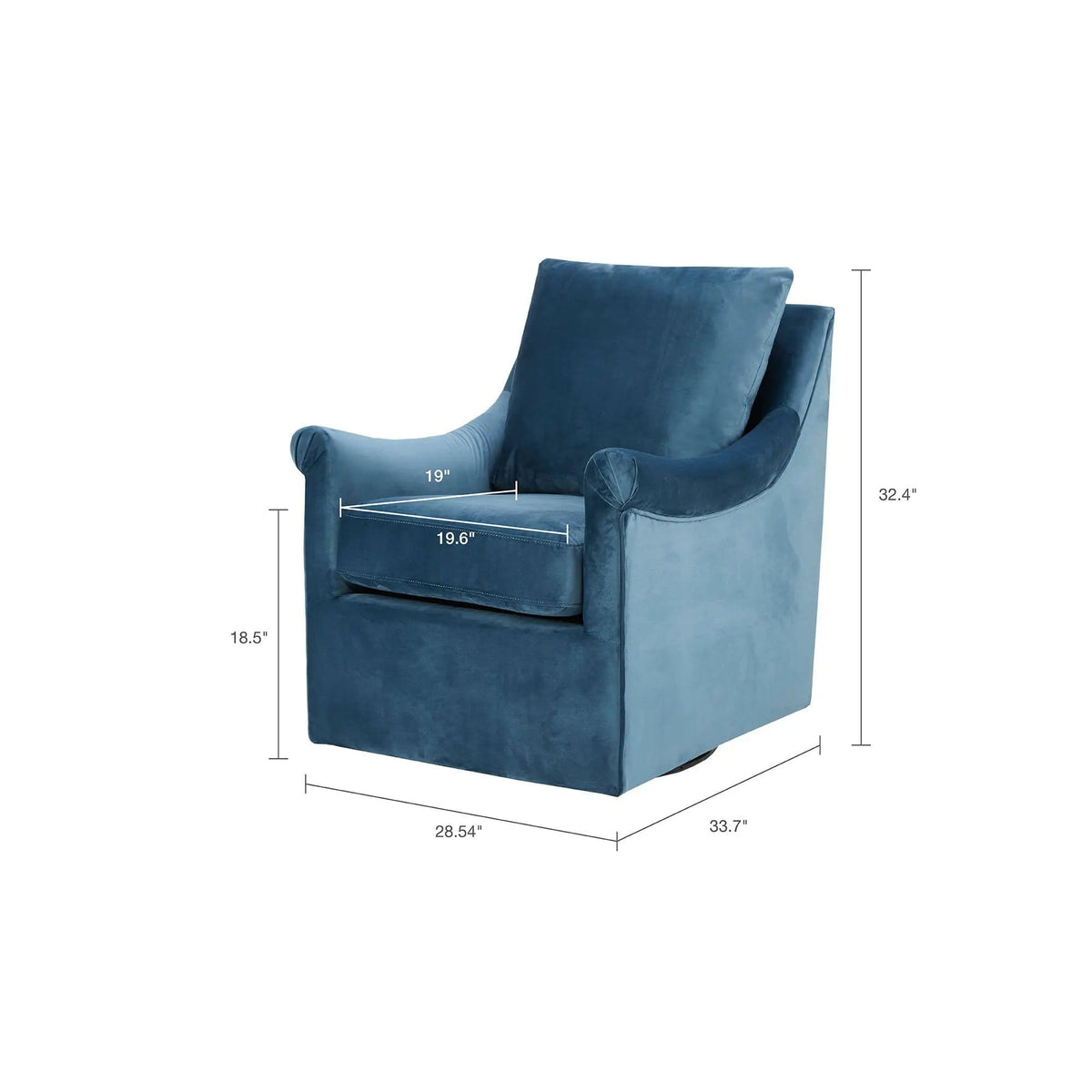 Swivel Chair With Curved Arms And Straight Back - | 33.7 x 28.54 x 32.4 in | Solid Wood & Velvet | Blue