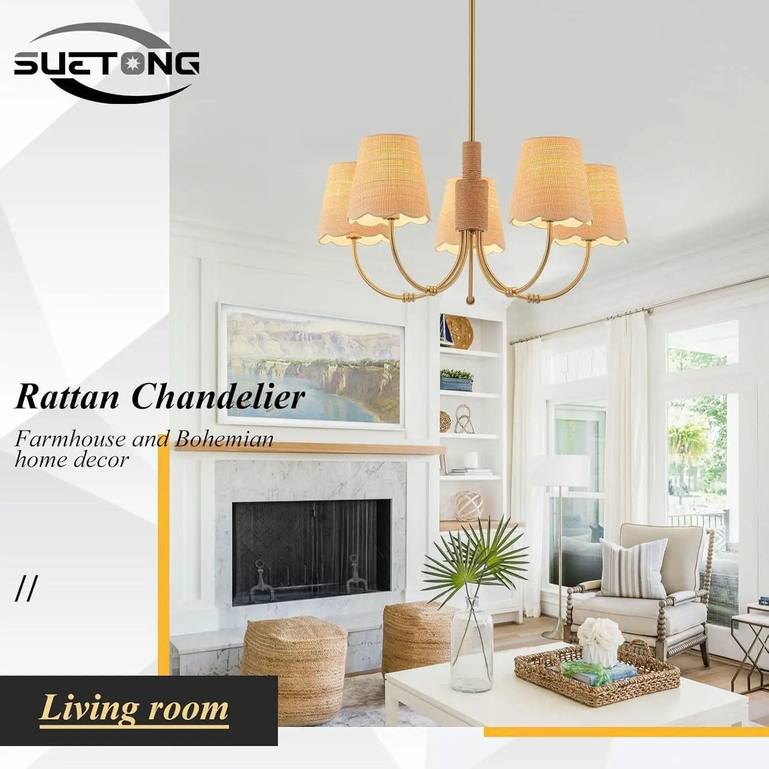 Antique Brass Boho Rattan Chandelier Pendant Dimmable from PriceLows™