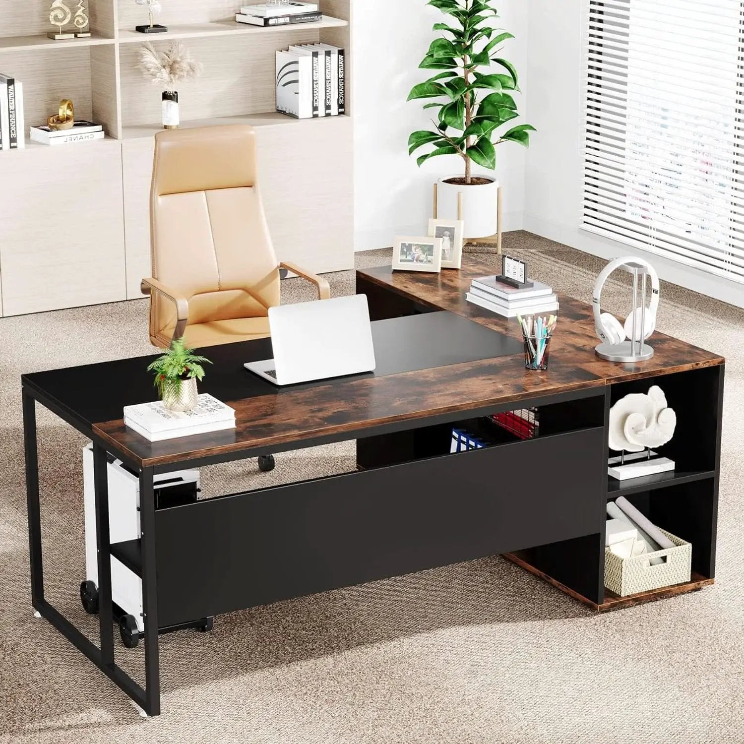 71 Inch L Shaped Executive Desk Brown And Black Office from PriceLows™