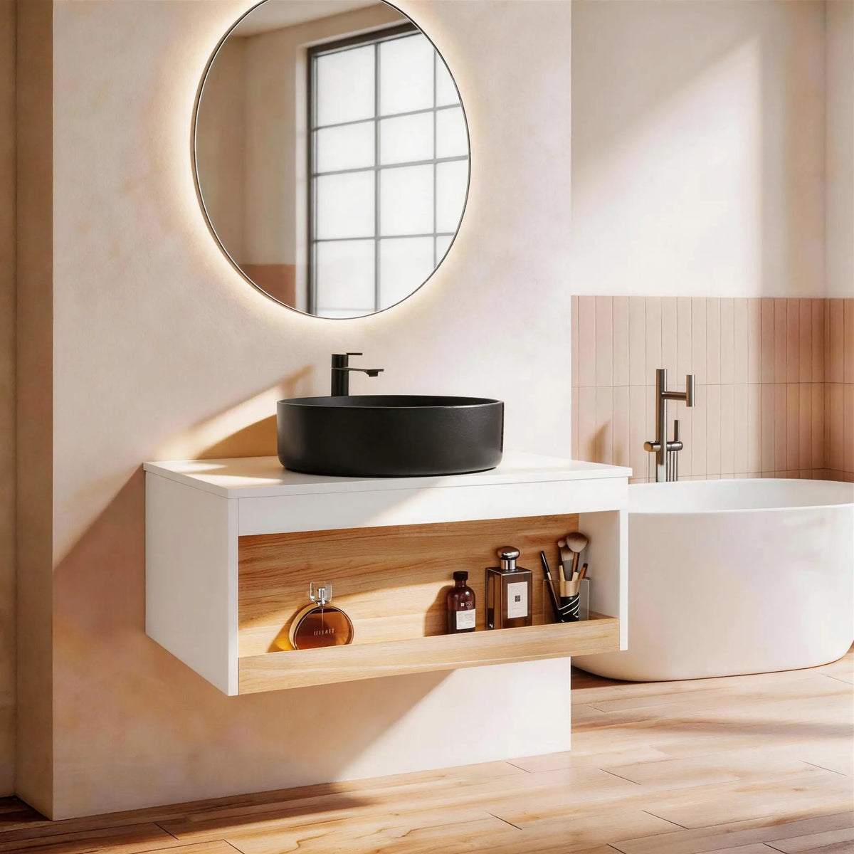 Floating Bathroom Vanity | Round Glossy Sink | Wall Mounted | Compact Design