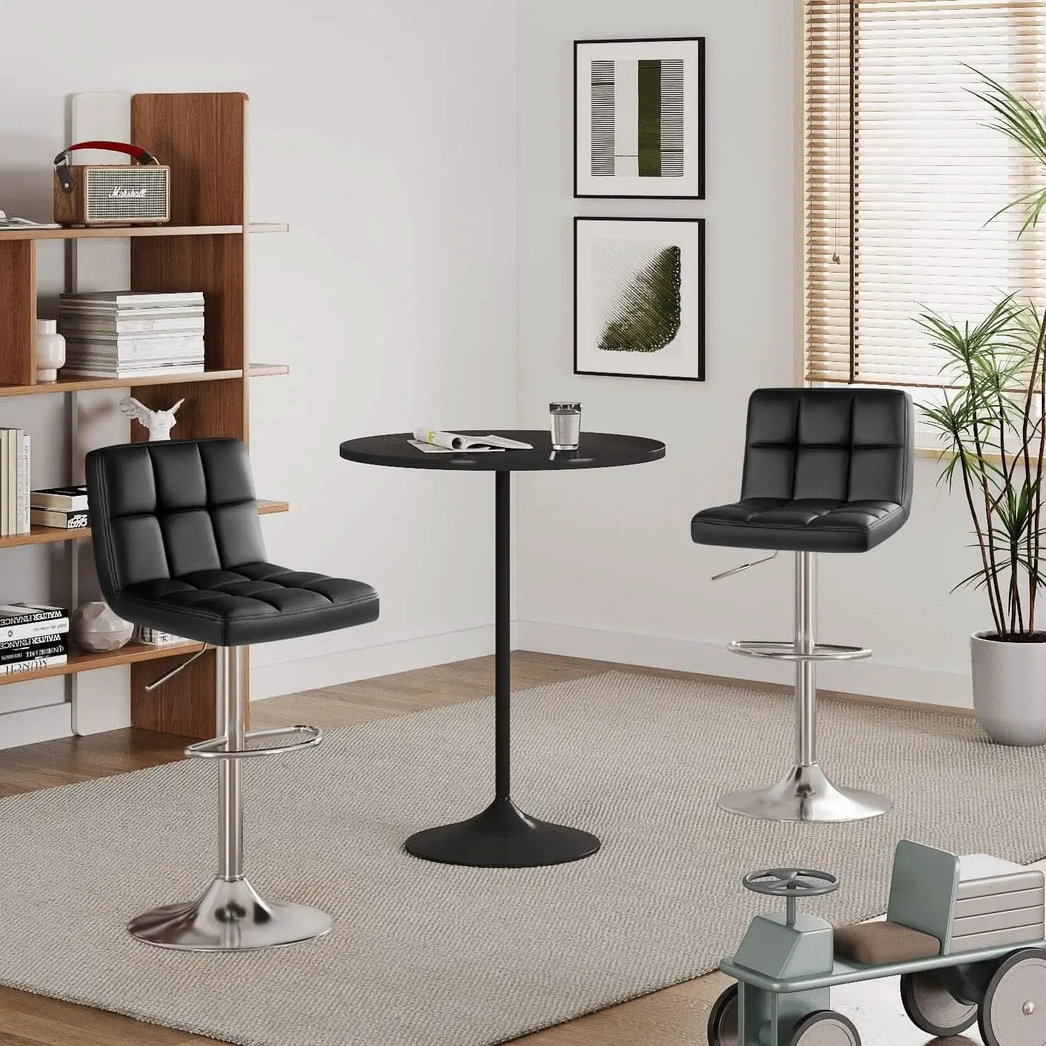 Bar Stools Set Of 2 Black PU Leather Swivel Adjustable Counter Height from PriceLows™