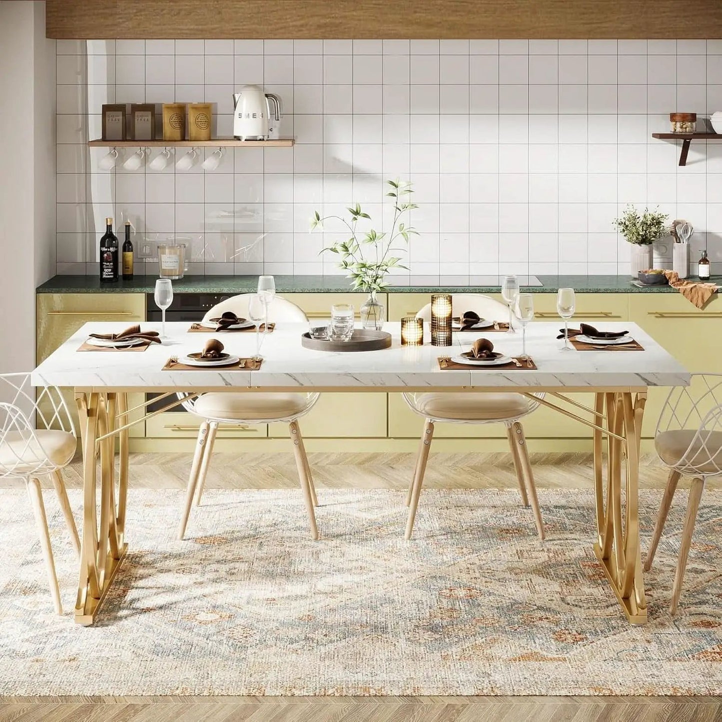 63 Inch Dining Table With Faux Marble Top For Kitchen And Dining Room from PriceLows™