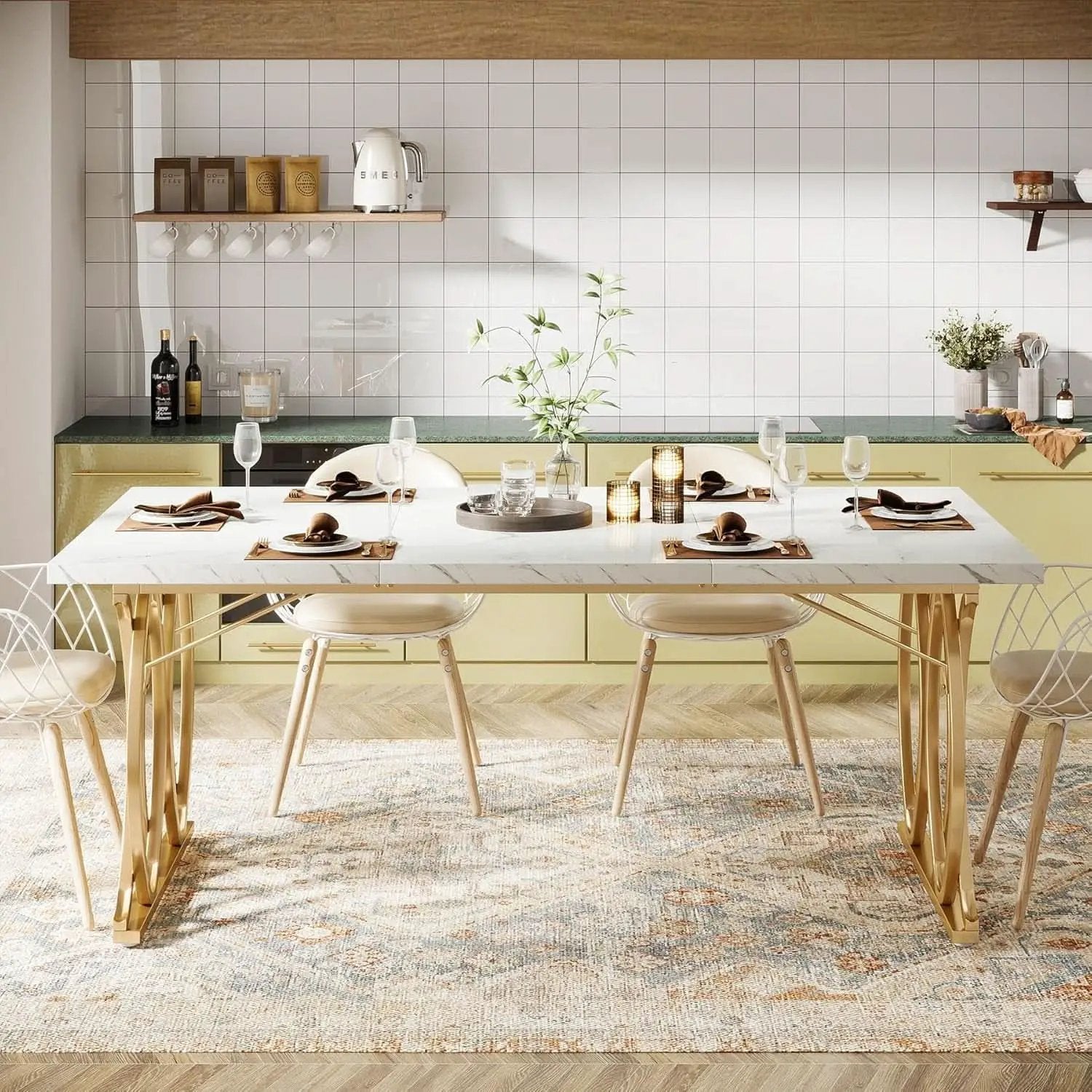 63 Inch Dining Table With Faux Marble Top For Kitchen And Dining Room from PriceLows™
