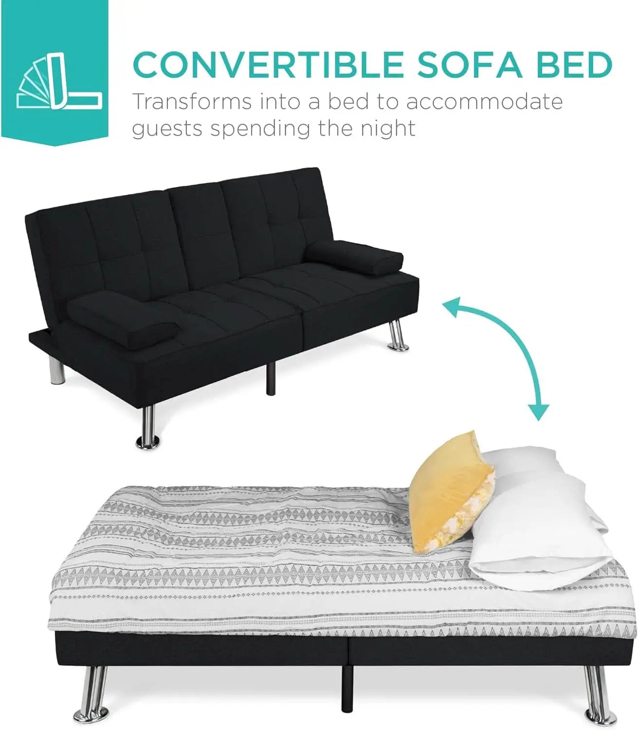 Black Linen Folding Futon Recliner With Cupholders from PriceLows™