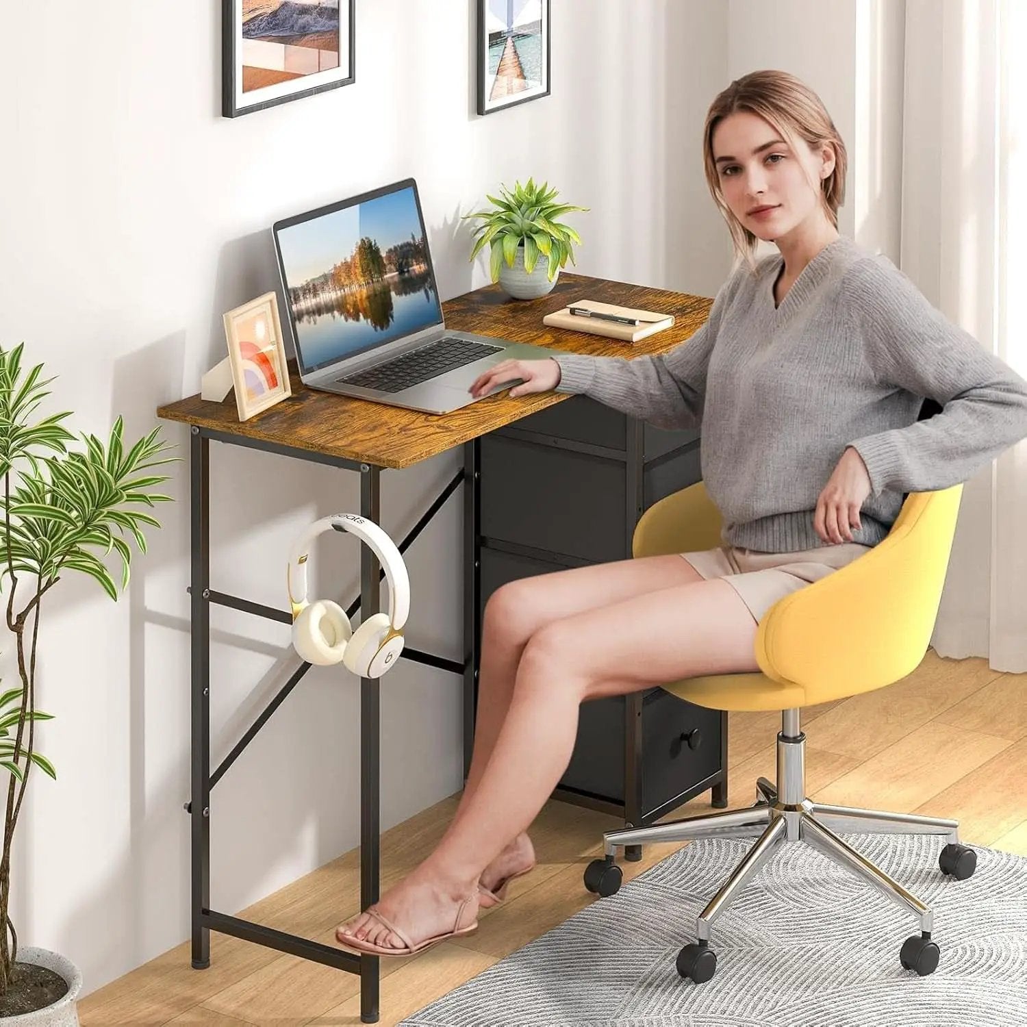 Rustic Brown Home Office Computer Desk With Fabric Drawers from PriceLows™