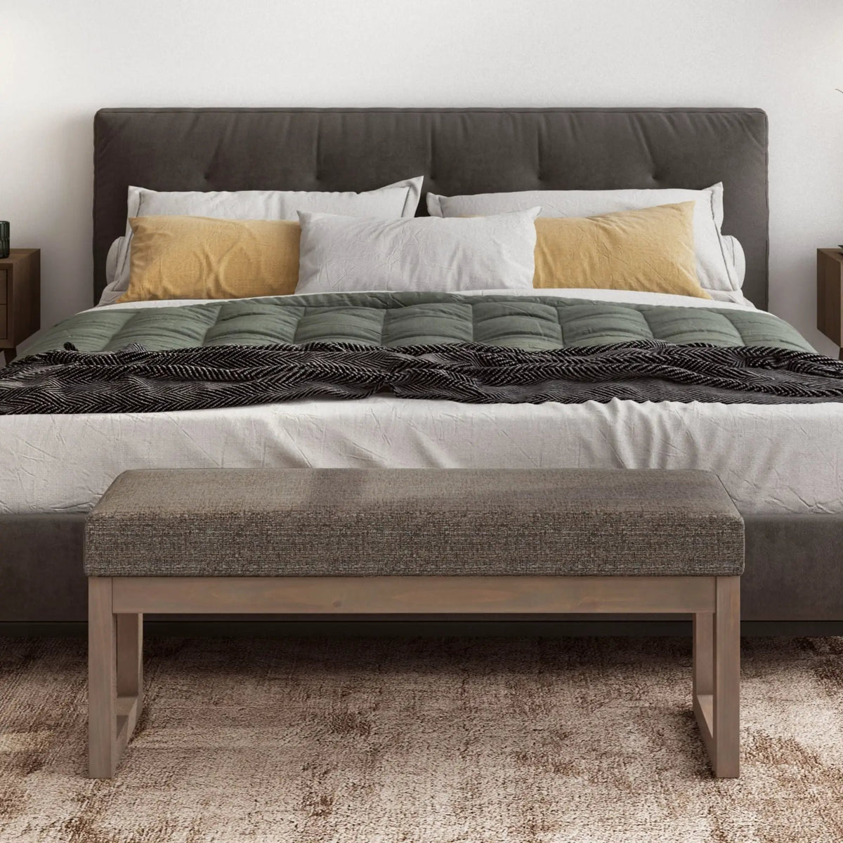 Milltown Upholstered Ottoman Bench | Driftwood Solid Wood Base | Versatile Design | 44.5 Inch Width