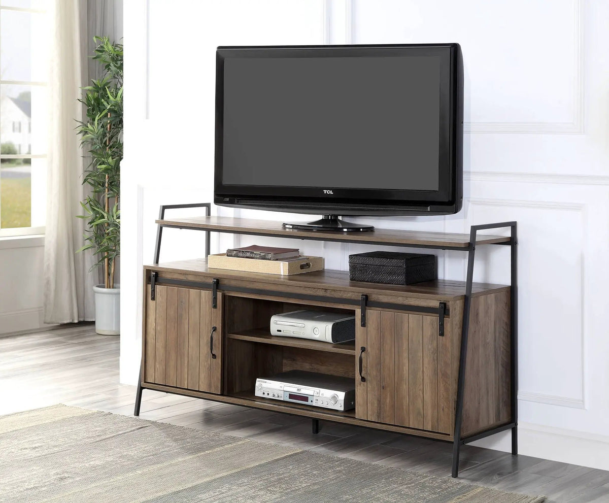 Rashawn Rustic TV Stand | Sliding Barn Doors | Oak Finish | Metal Frame And Composite Wood