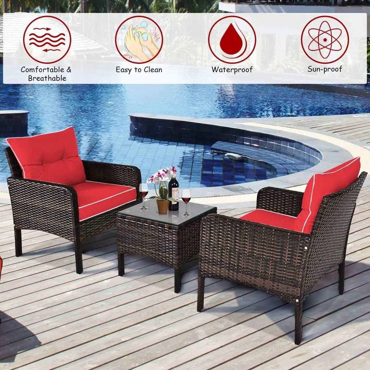 Red 3 Piece Outdoor Patio Furniture Set With Wicker Chairs And Glass Top Coffee Table from PriceLows™