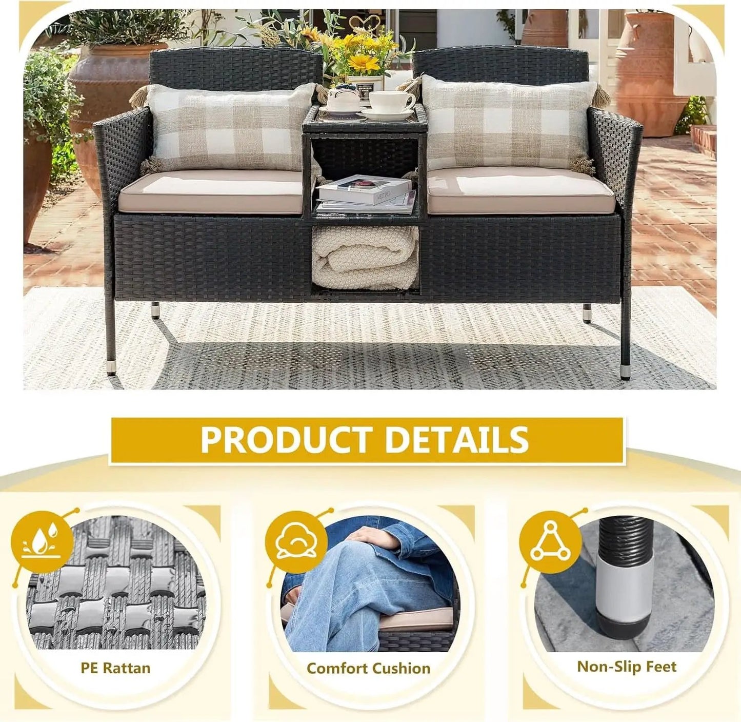Outdoor Patio 2 Seat Loveseat Set With Built Table Beige from PriceLows™