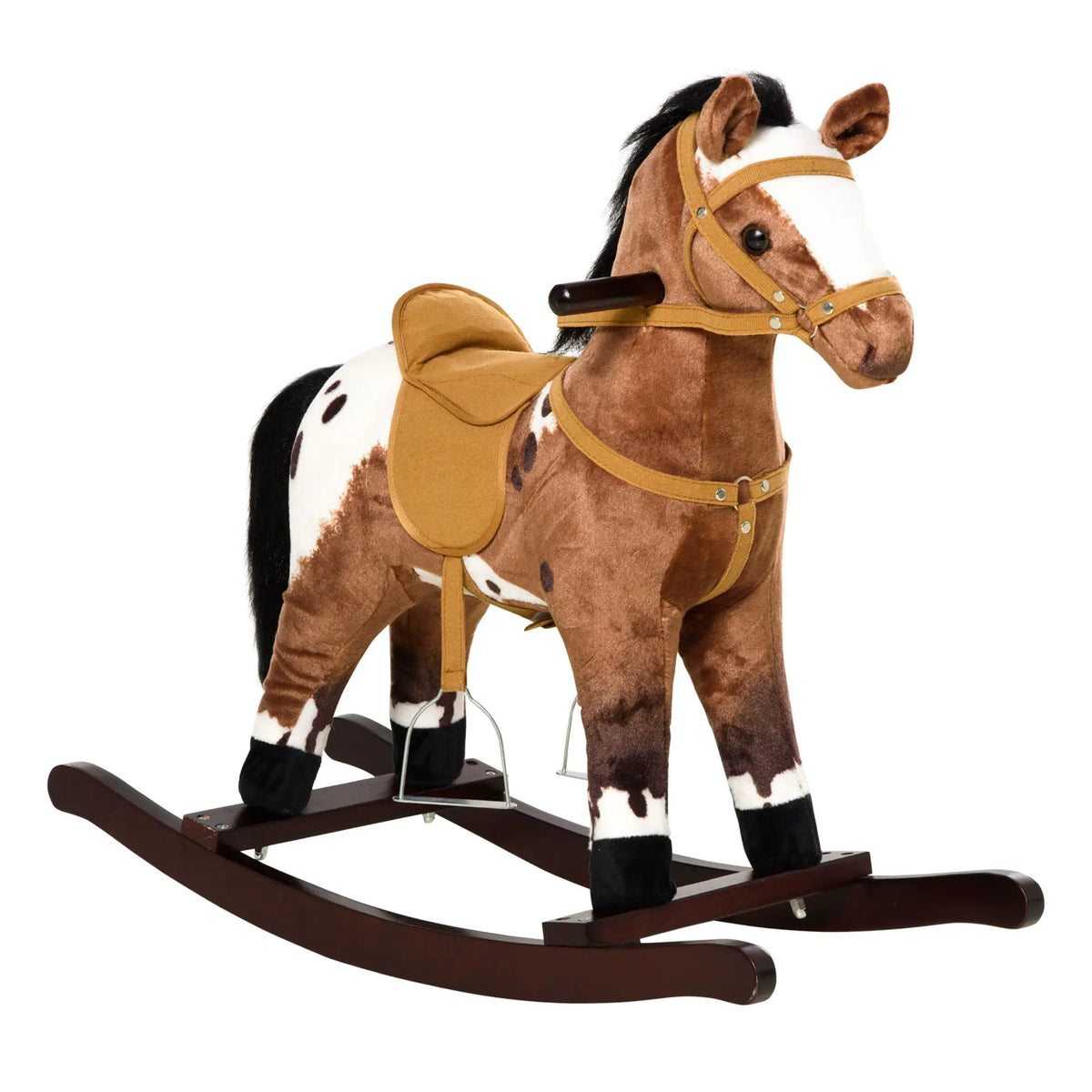 Qaba Plush Ride-On Rocking Horse | Kids Metal Frame | Realistic Sounds | Dark Brown And White