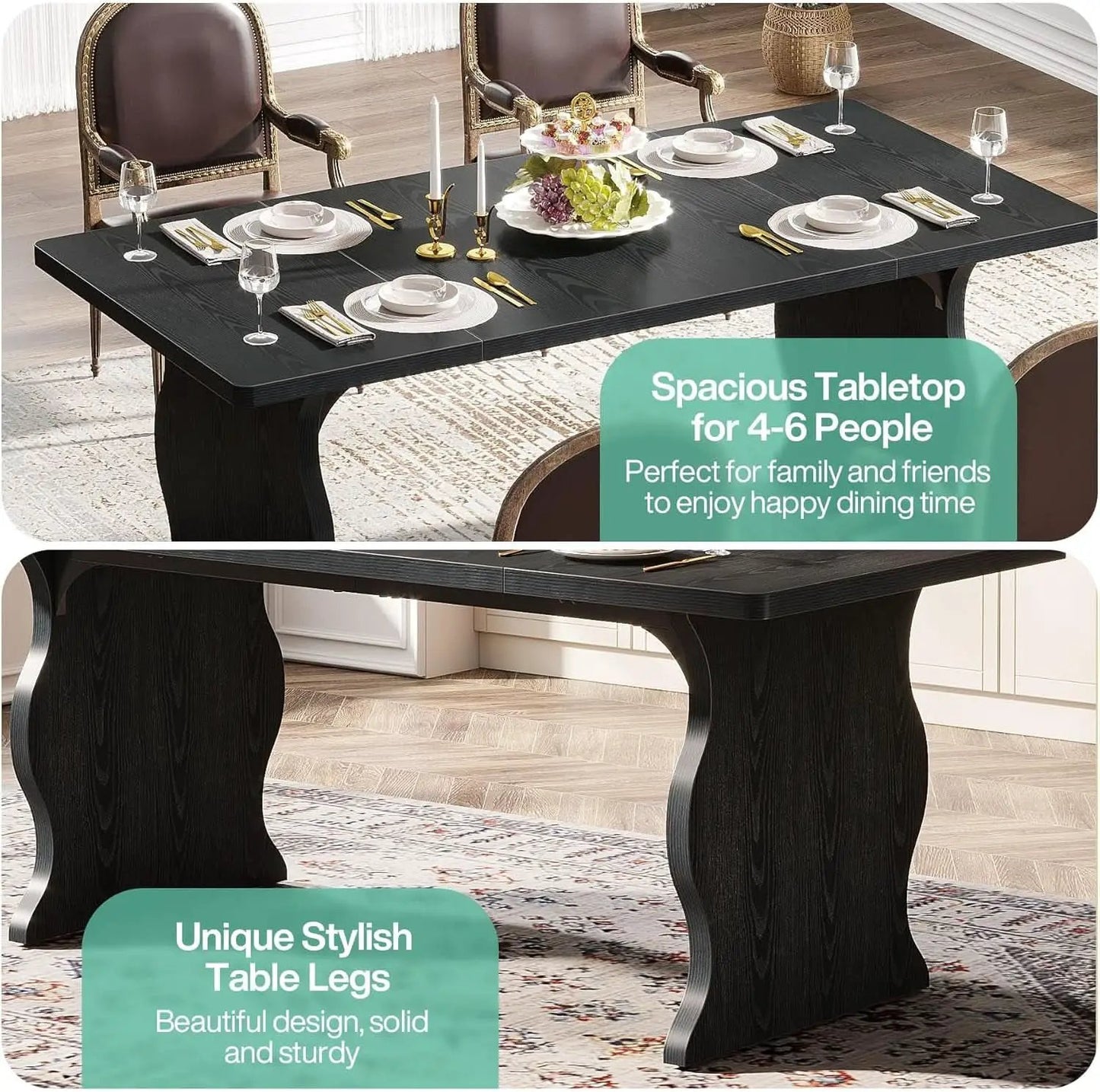 Black 63 Inch Rectangular Modern Dining Table For 4 To 6 from PriceLows™