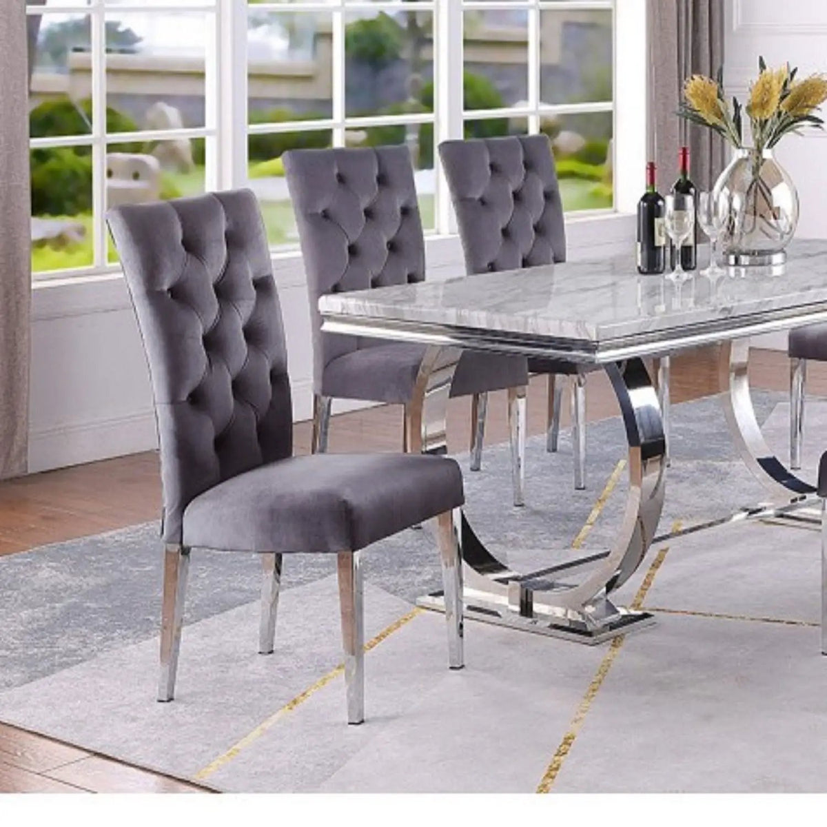 Tufted Dining Chair | Fabric Upholstery | Metal Base | Set Of Two