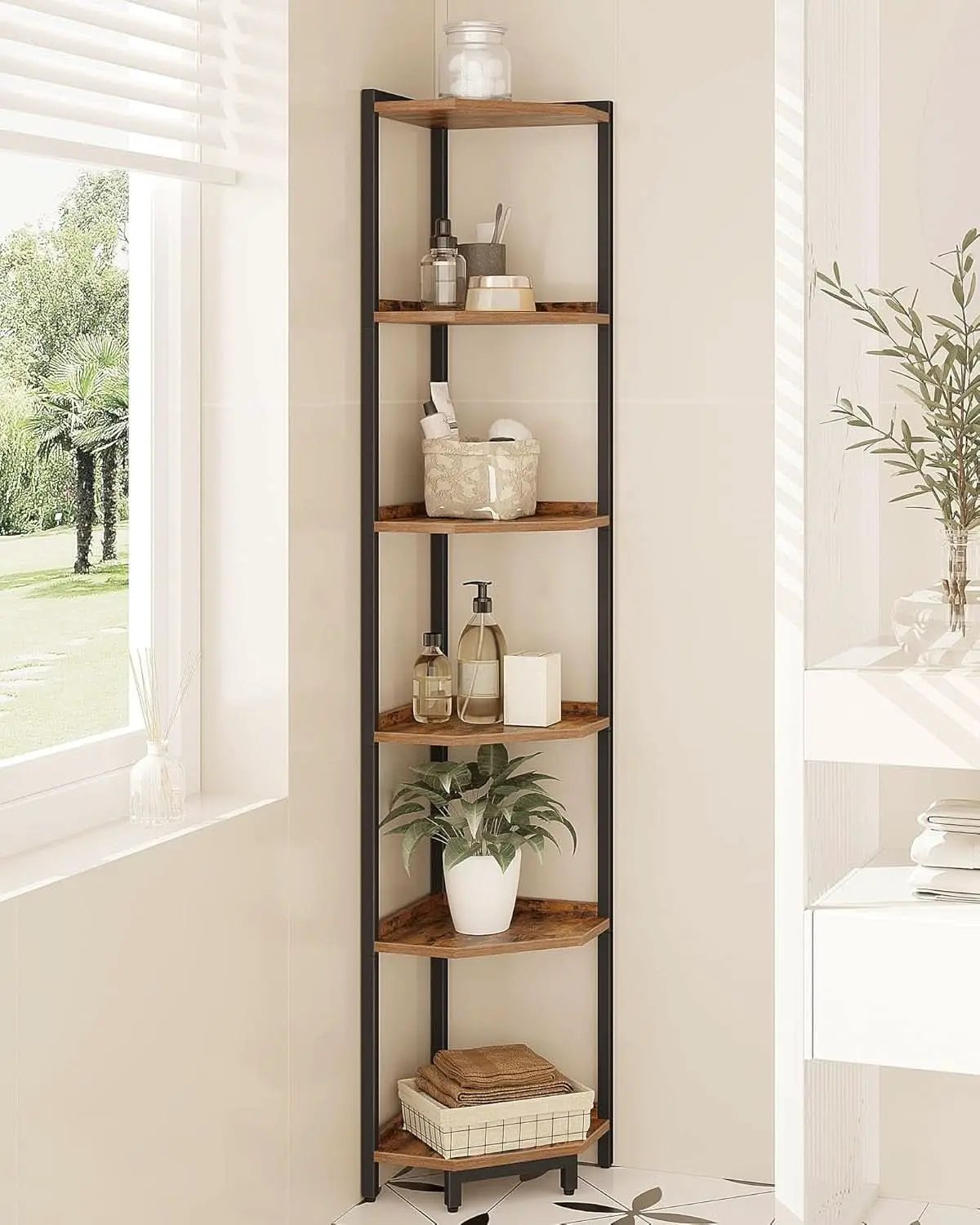 6-Tier Rustic Brown Corner Shelf Stand For Living Room from PriceLows™