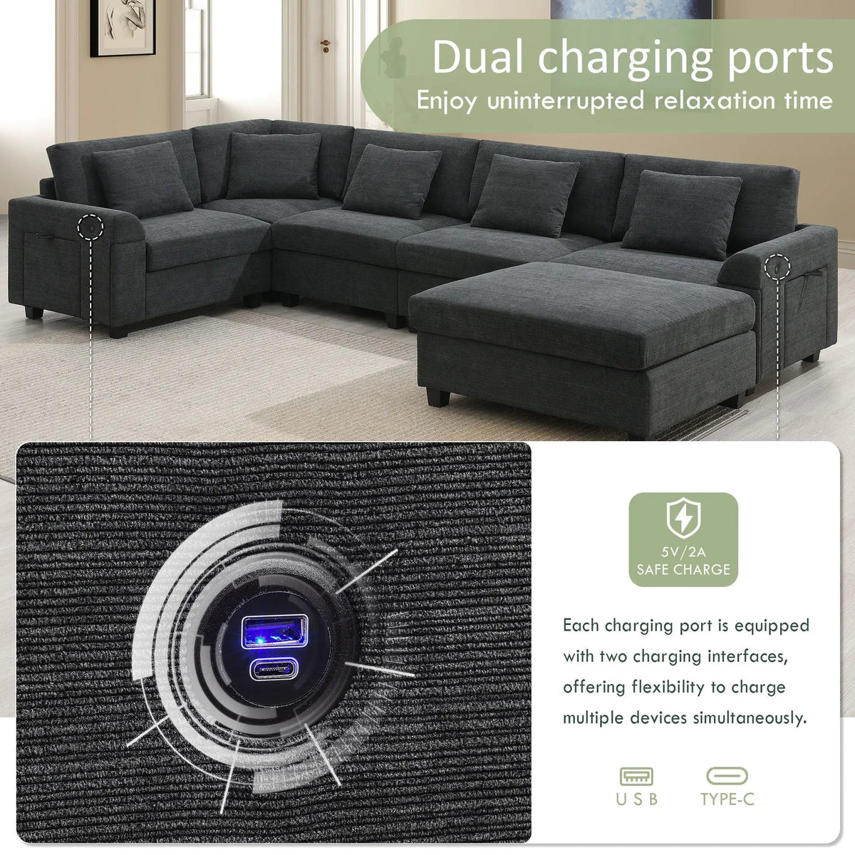 U Shape Sectional Sofa | 6 Seat | USB Charging | With Ottoman