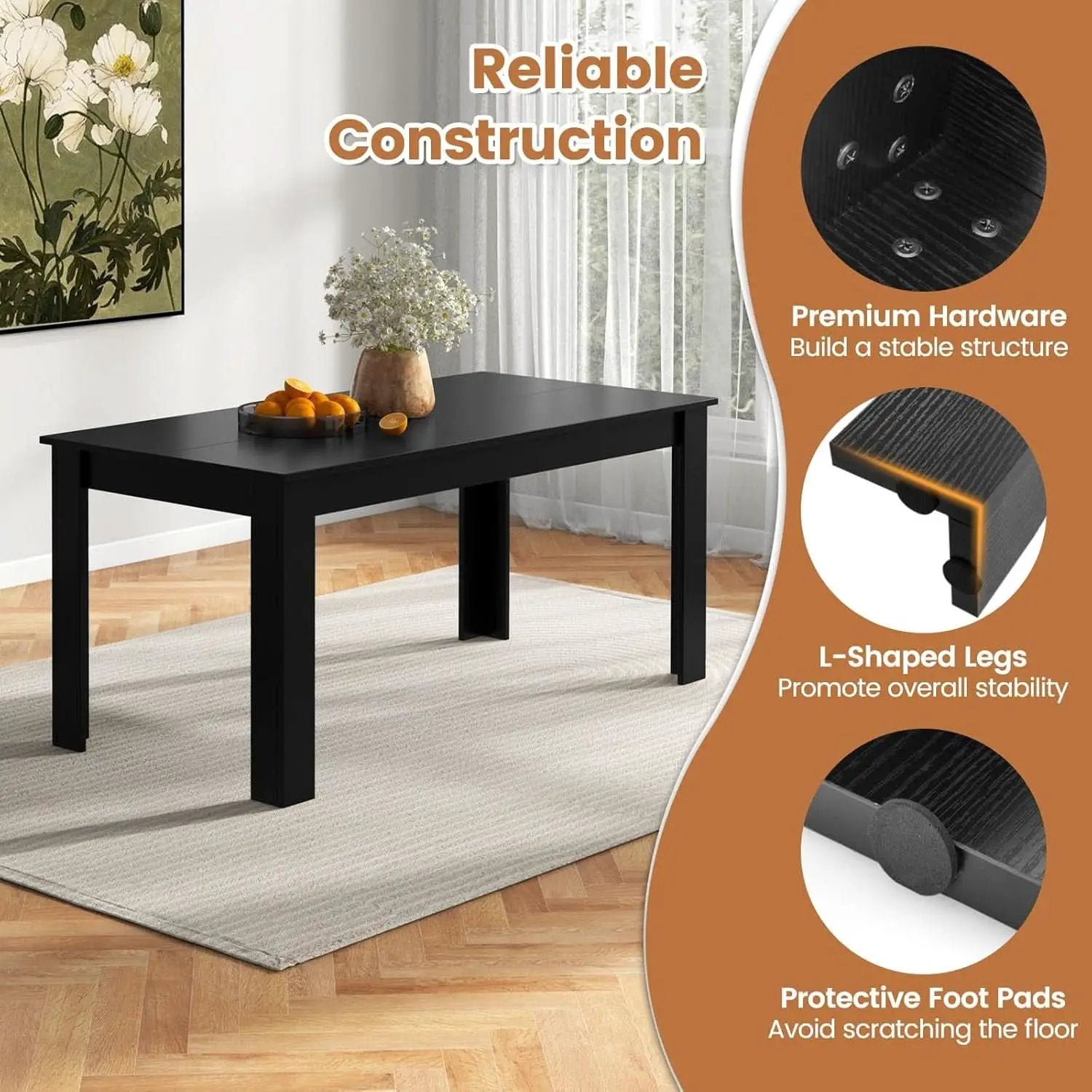 63 Inch Wood Dining Table For Four To Six People Black from PriceLows™